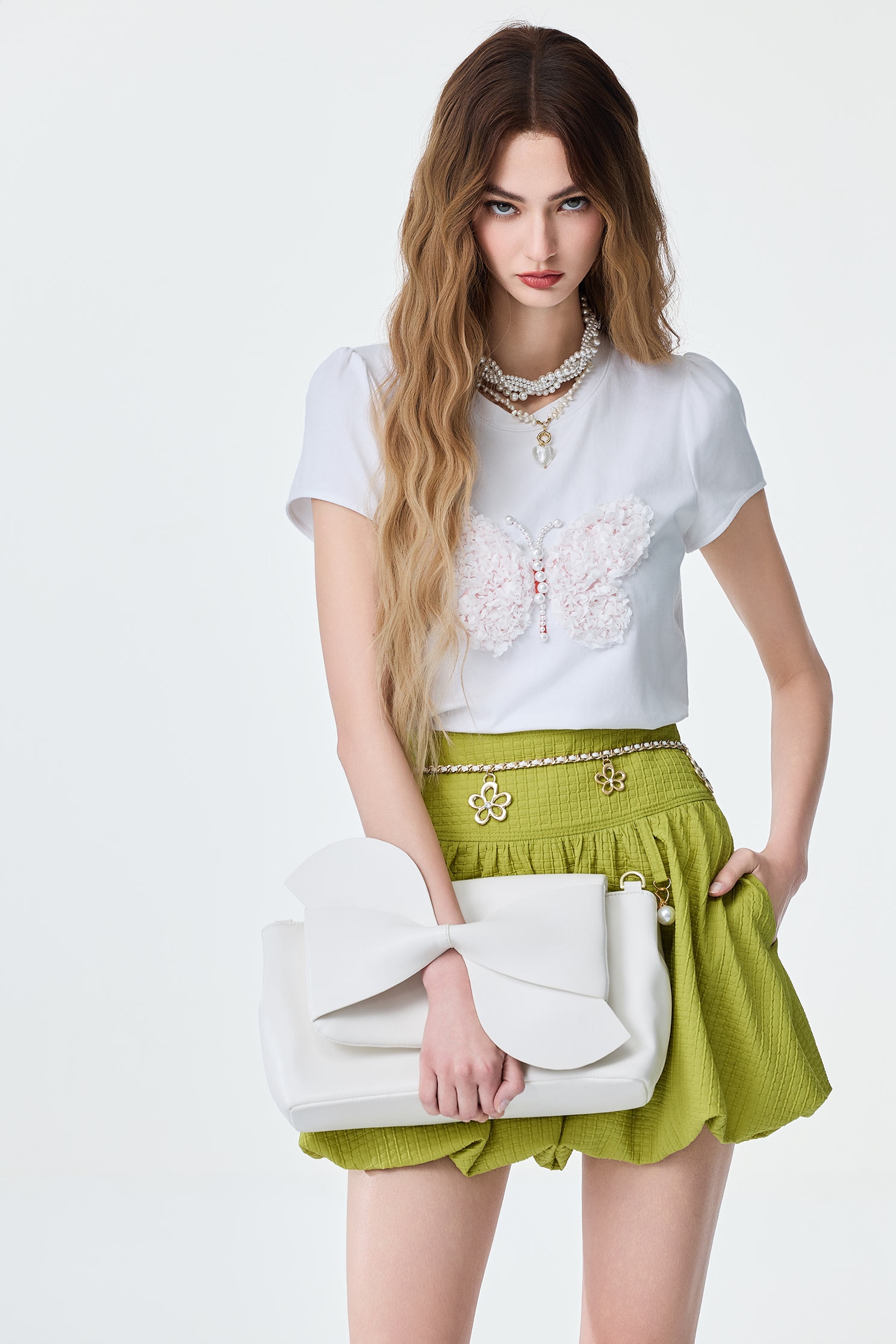 Floral Butterfly Detail Short Sleeve TeeFloral Butterfly Detail Short Sleeve Tee,Tops,Season (SS) Look,pearl,City Feminine,White tops,Knitted