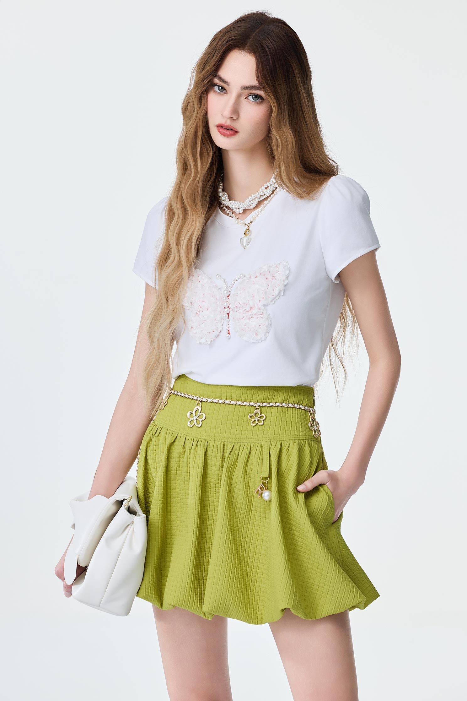Floral Butterfly Detail Short Sleeve TeeFloral Butterfly Detail Short Sleeve Tee,Tops,Season (SS) Look,pearl,City Feminine,White tops,Knitted