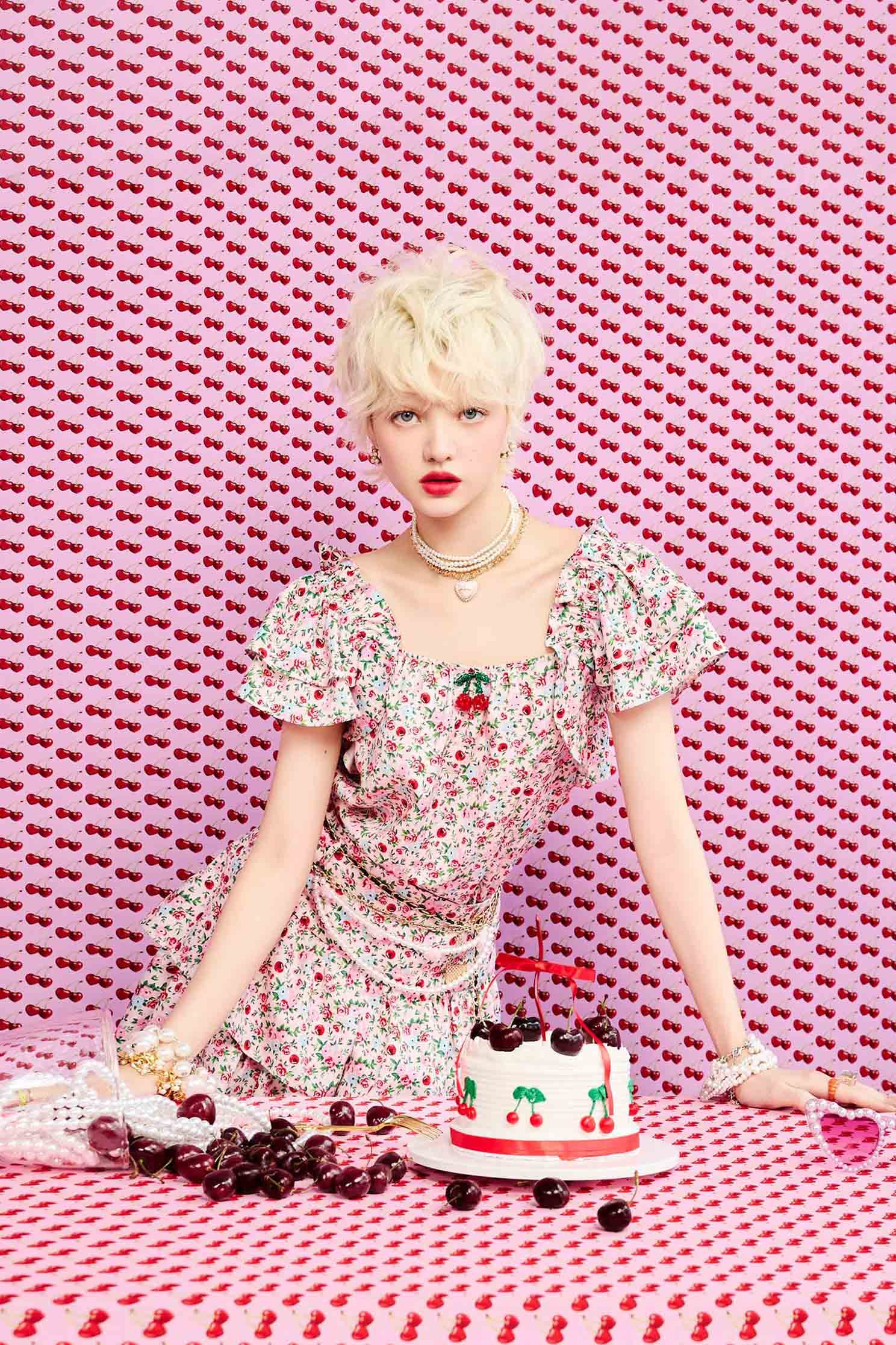 Rose With Cherry Print Ruffle Sleeve Top,Tops,bestselling,Season (SS) Look