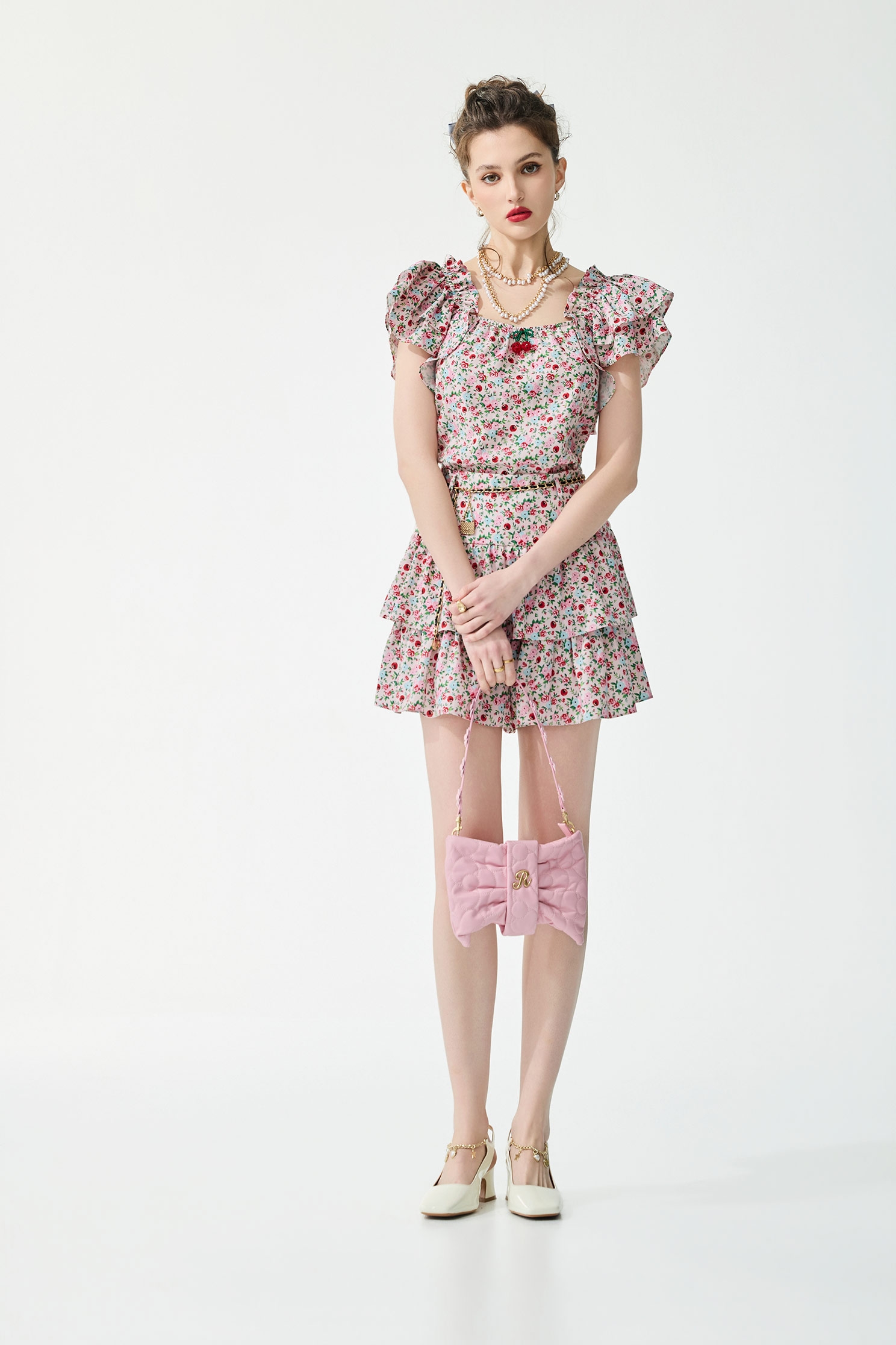 Rose With Cherry Print Ruffle Sleeve Top,Tops,bestselling,Season (SS) Look
