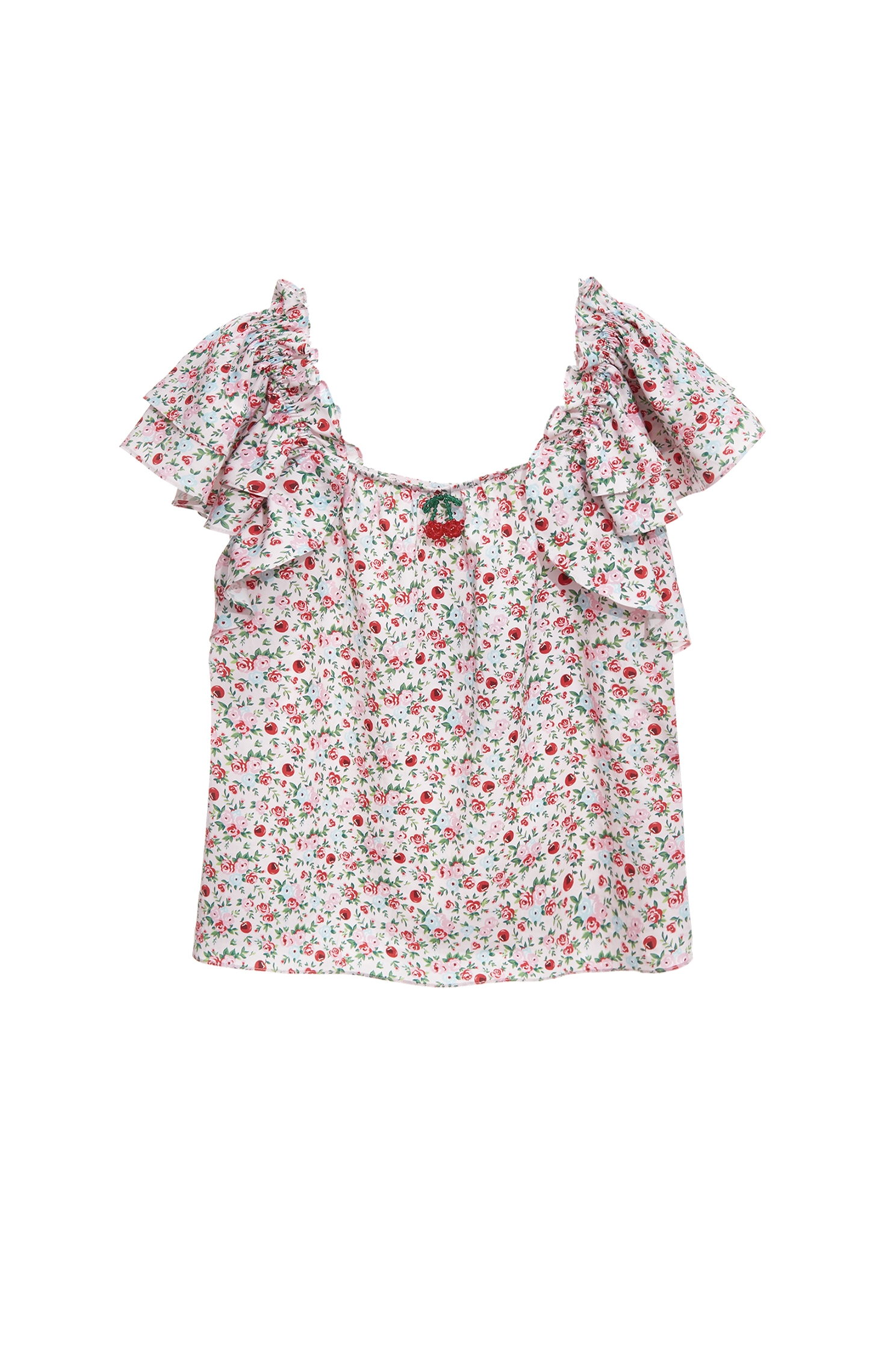 Rose With Cherry Print Ruffle Sleeve Top,Tops,bestselling,Season (SS) Look