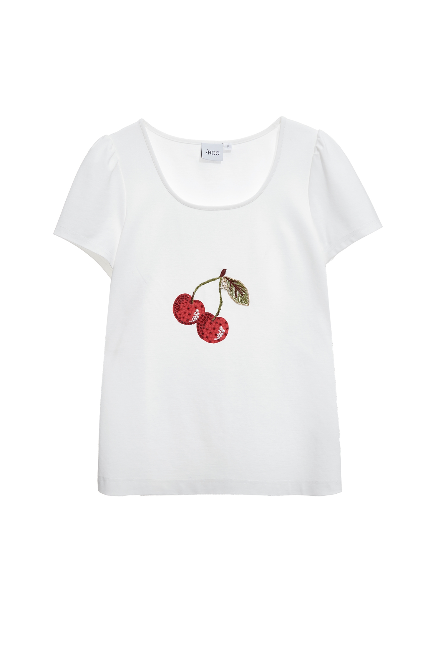 Sequin Cherry Graphic Short Sleeve Tee,U-Neck T shirts,Tops,Embroidered,Season (SS) Look,pearl,White tops