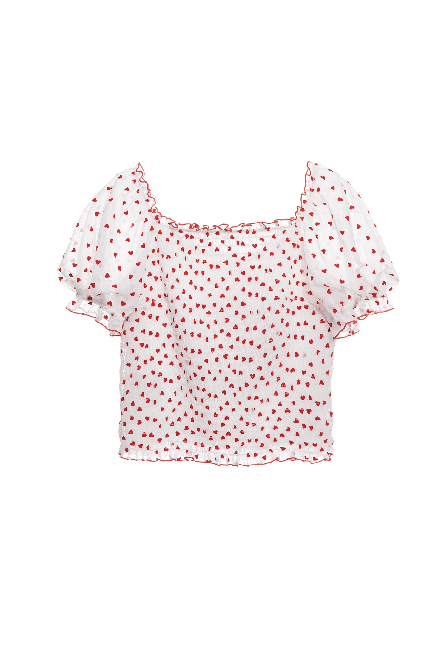 Velvet Heart Motif Puff Sleeve Top,Tops,bestselling,Season (SS) Look,Mesh fabric