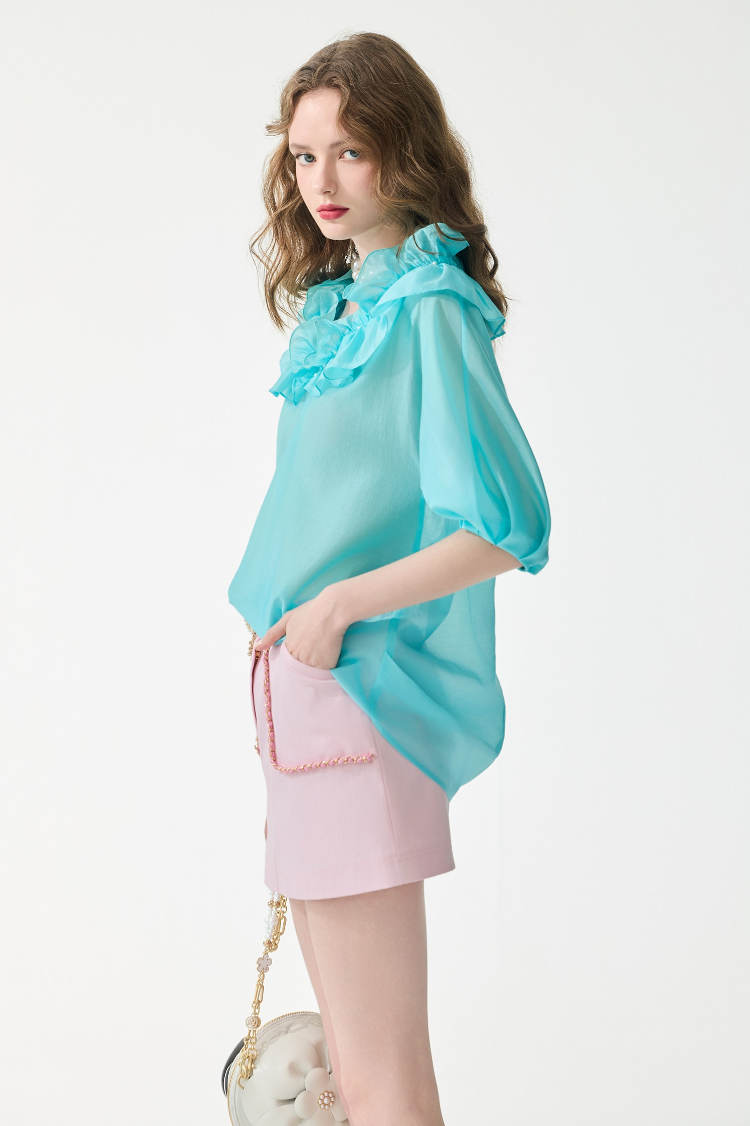 Ice Blue Ruffle Detail Top,Tops,Season (SS) Look