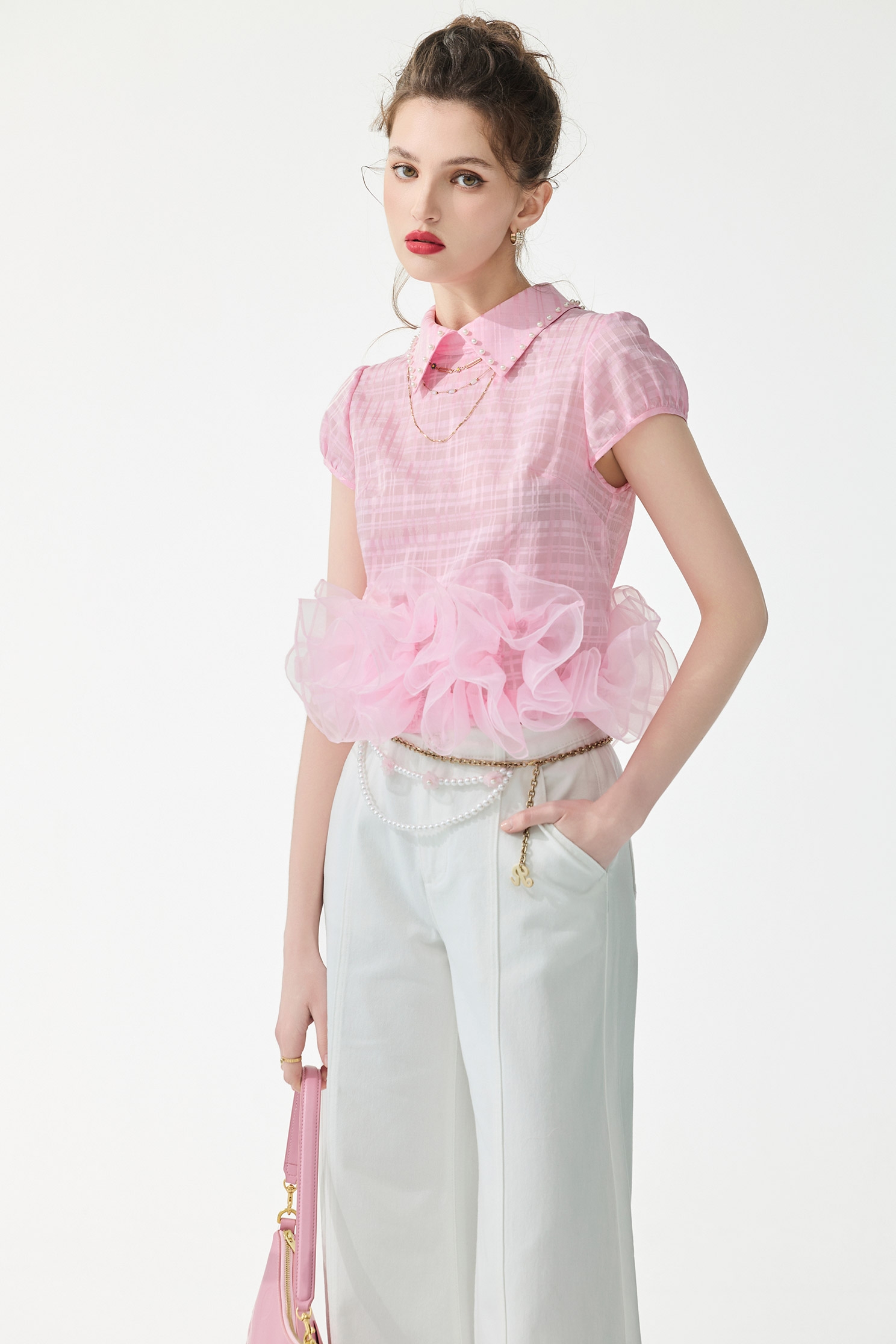 Ruffle Hem Pink Top,Tops,Season (SS) Look,Plaid,pearl