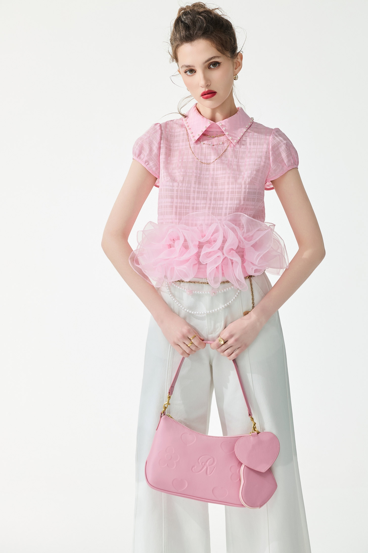 Ruffle Hem Pink Top,Tops,Season (SS) Look,Plaid,pearl