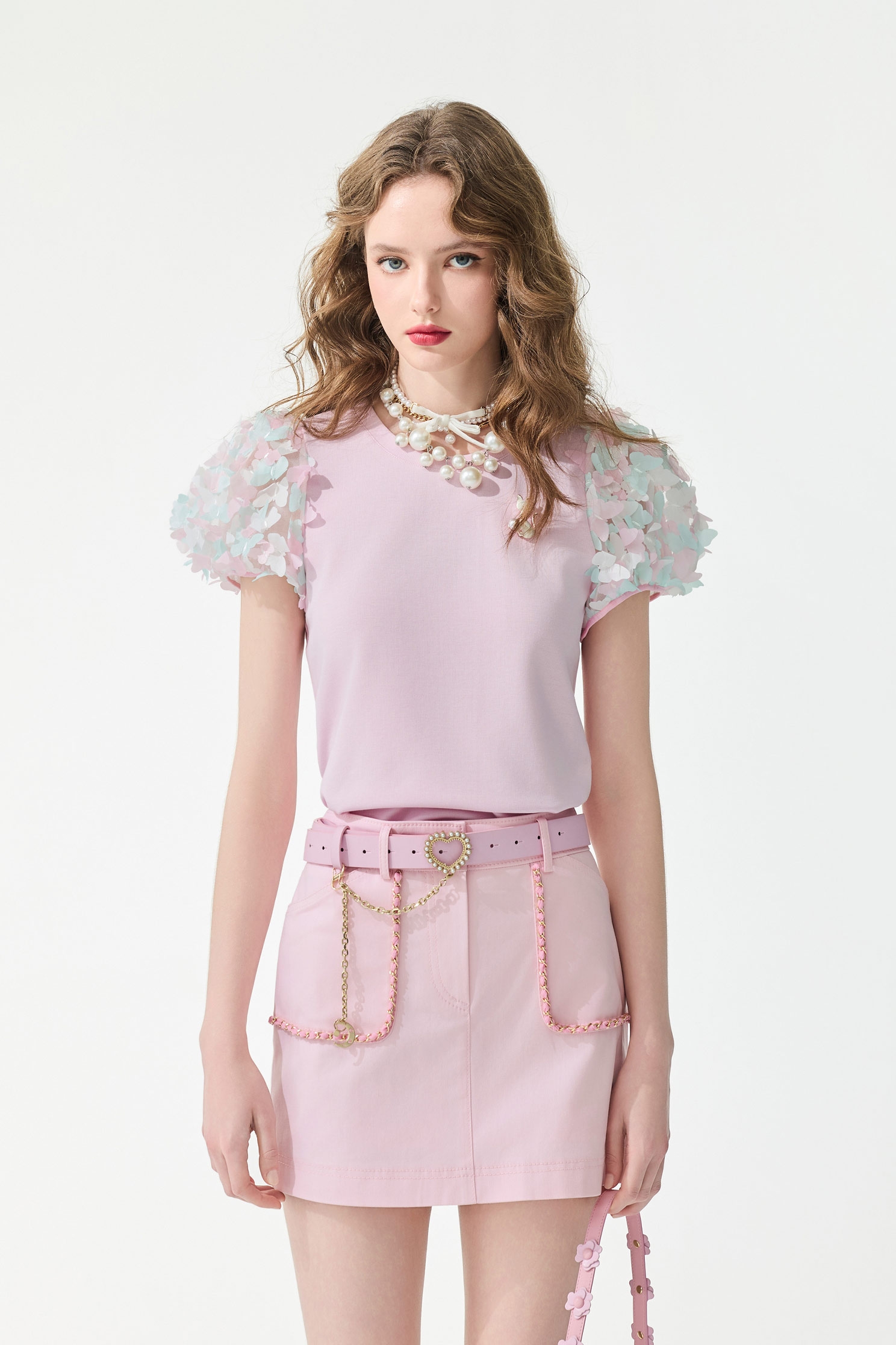 Butterfly Sleeve Detail Pink Top,Tops,Embroidered,Season (SS) Look,Mesh fabric