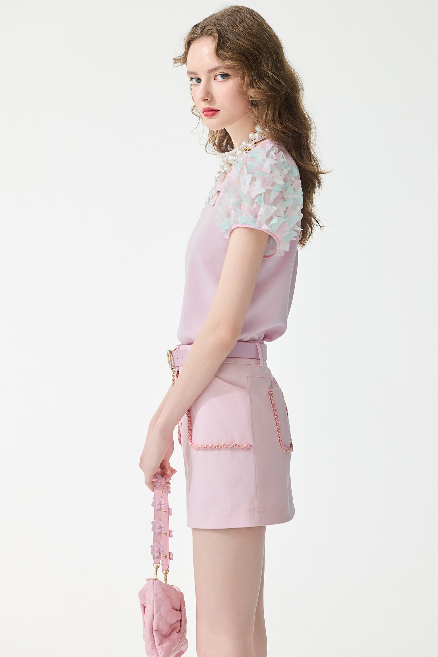 Butterfly Sleeve Detail Pink Top,Tops,Embroidered,Season (SS) Look,Mesh fabric