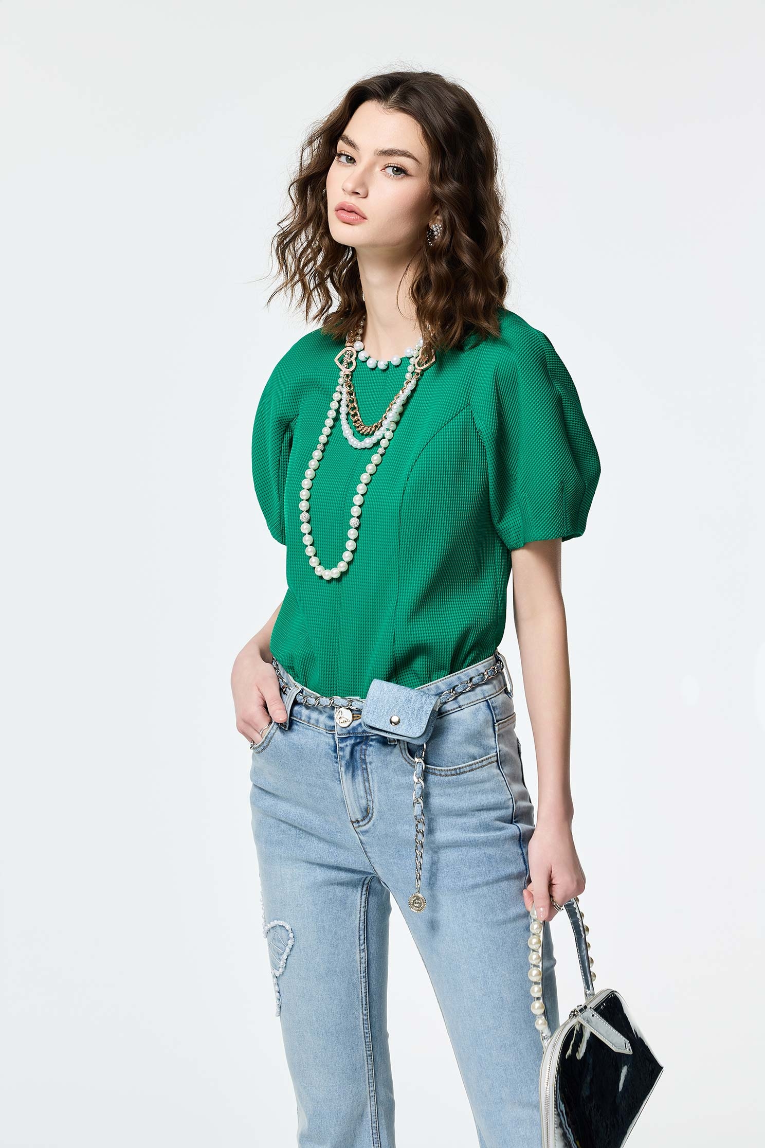 Pearl Detail Waffle TopPearl Detail Waffle Top,Tops,Season (SS) Look,Plaid,pearl,City Feminine