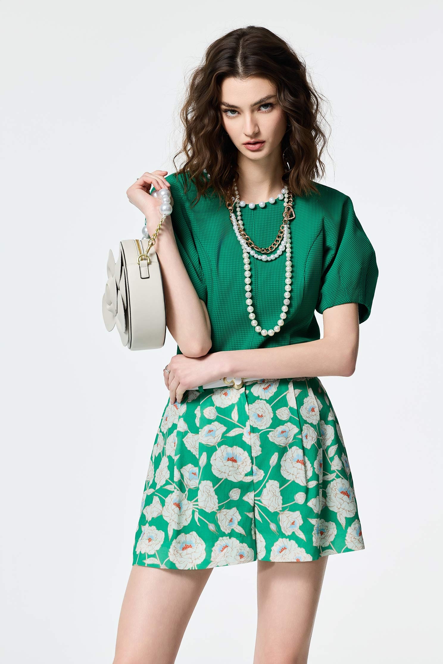 Pearl Detail Waffle TopPearl Detail Waffle Top,Tops,Season (SS) Look,Plaid,pearl,City Feminine