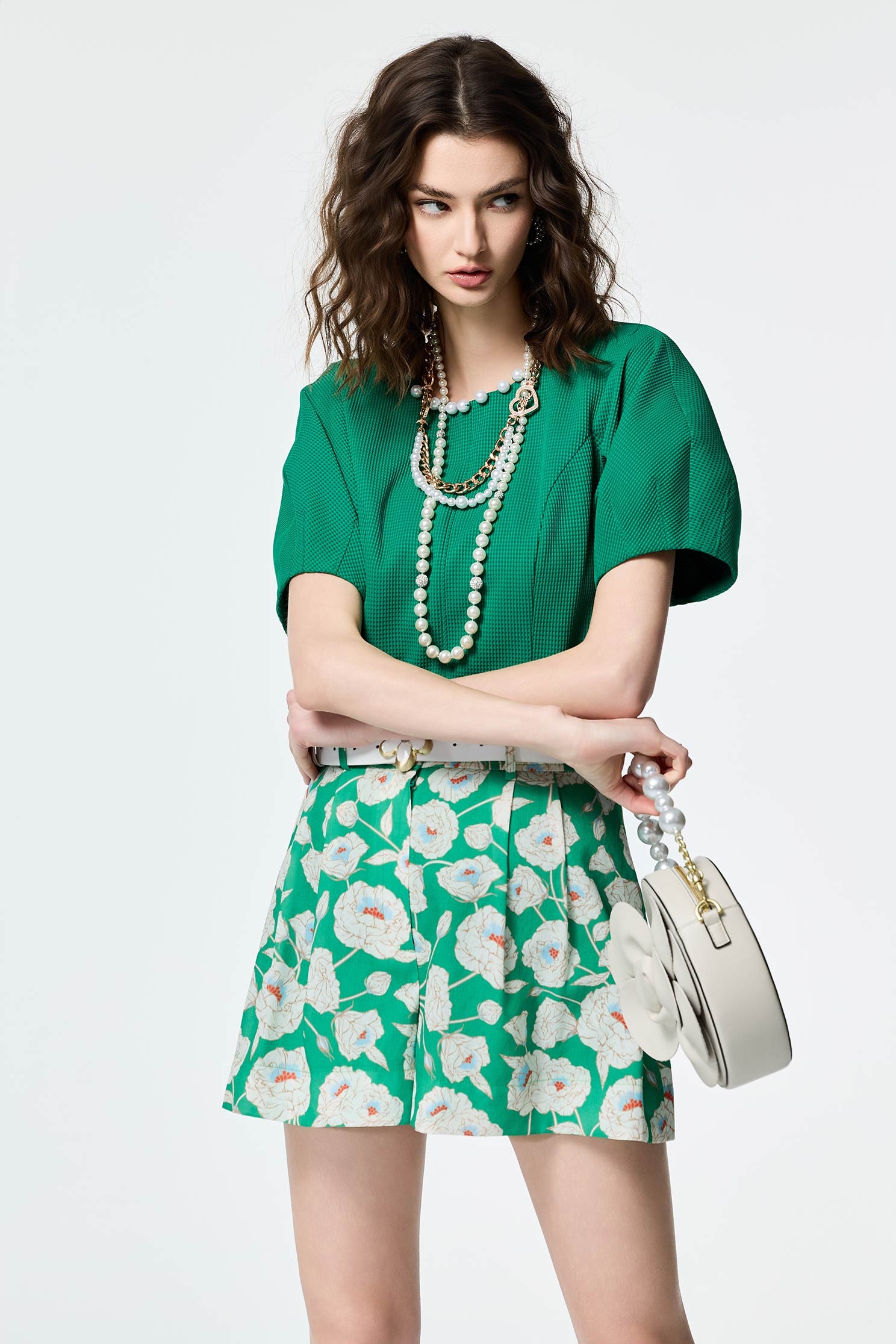 Pearl Detail Waffle TopPearl Detail Waffle Top,Tops,Season (SS) Look,Plaid,pearl,City Feminine