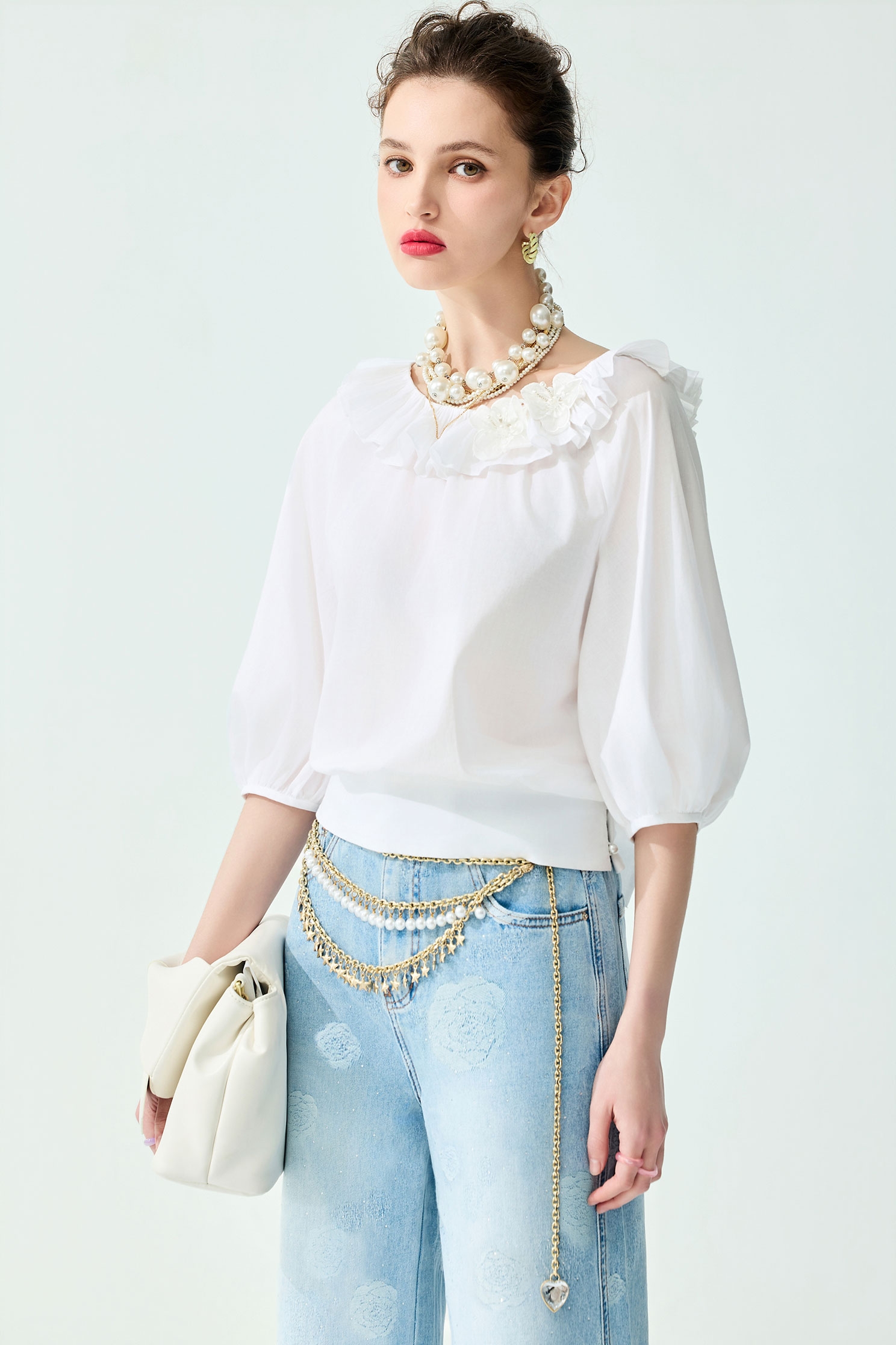 Flounce Collar White Top,Tops,Season (SS) Look,pearl,White tops,Lace,bows