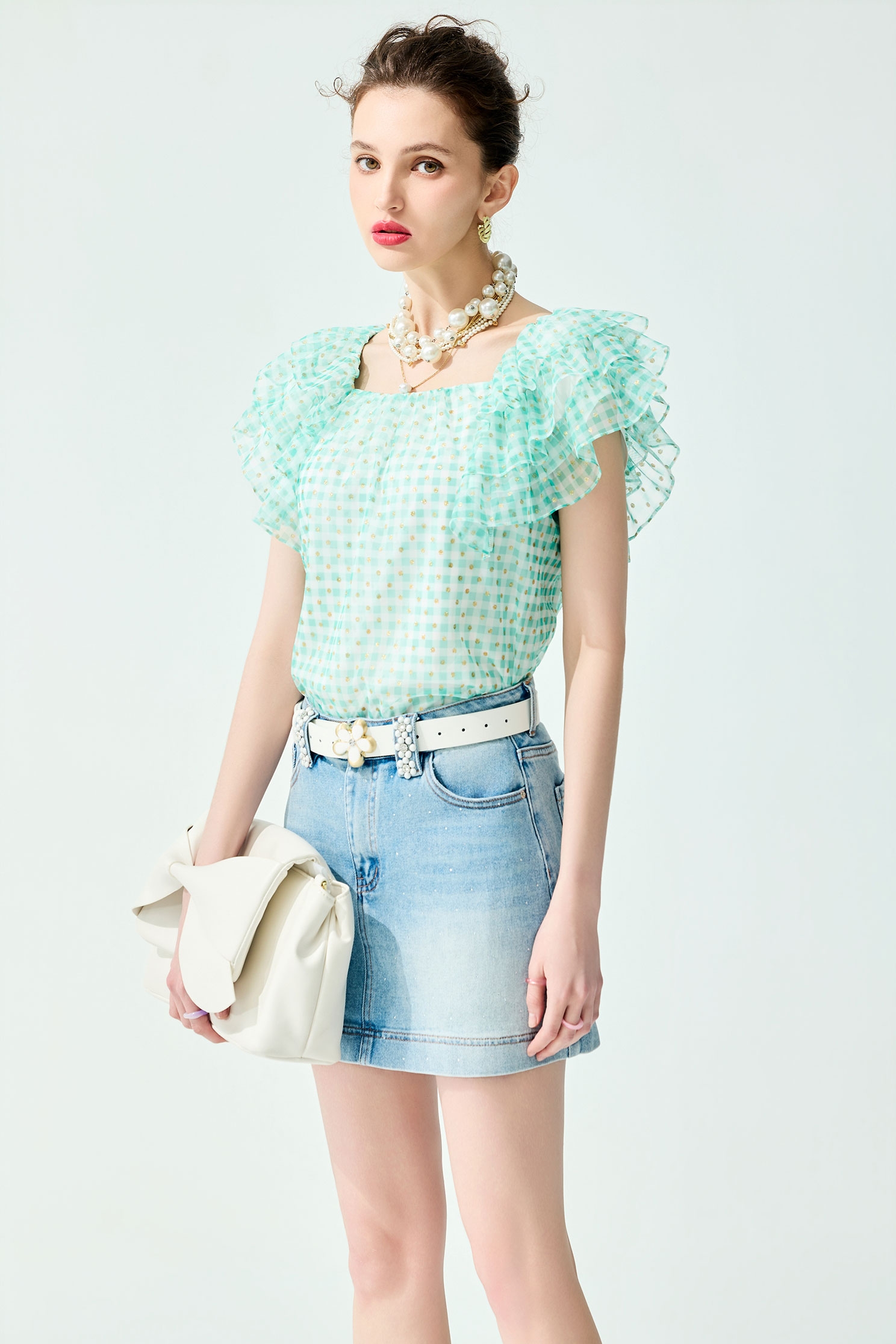 Ruffle Sleeve Plaid Top,Tops,Season (SS) Look,Plaid,Mesh fabric