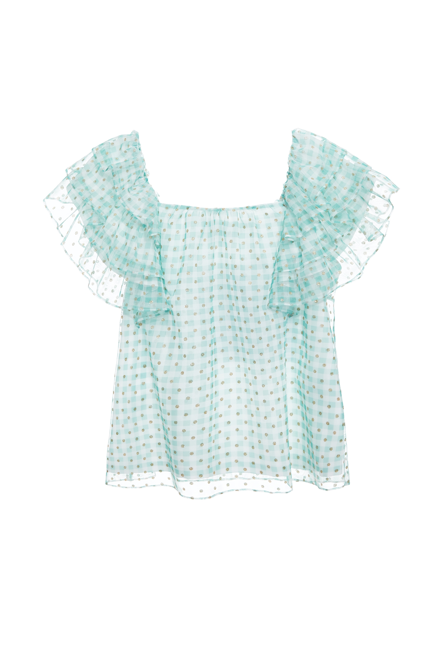 Ruffle Sleeve Plaid Top,Tops,Season (SS) Look,Plaid,Mesh fabric