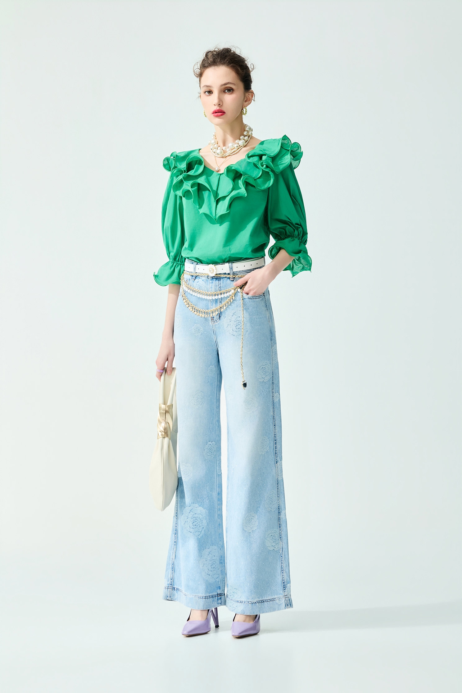 Ruffle Collar Green Top,Tops,Season (SS) Look,Cotton