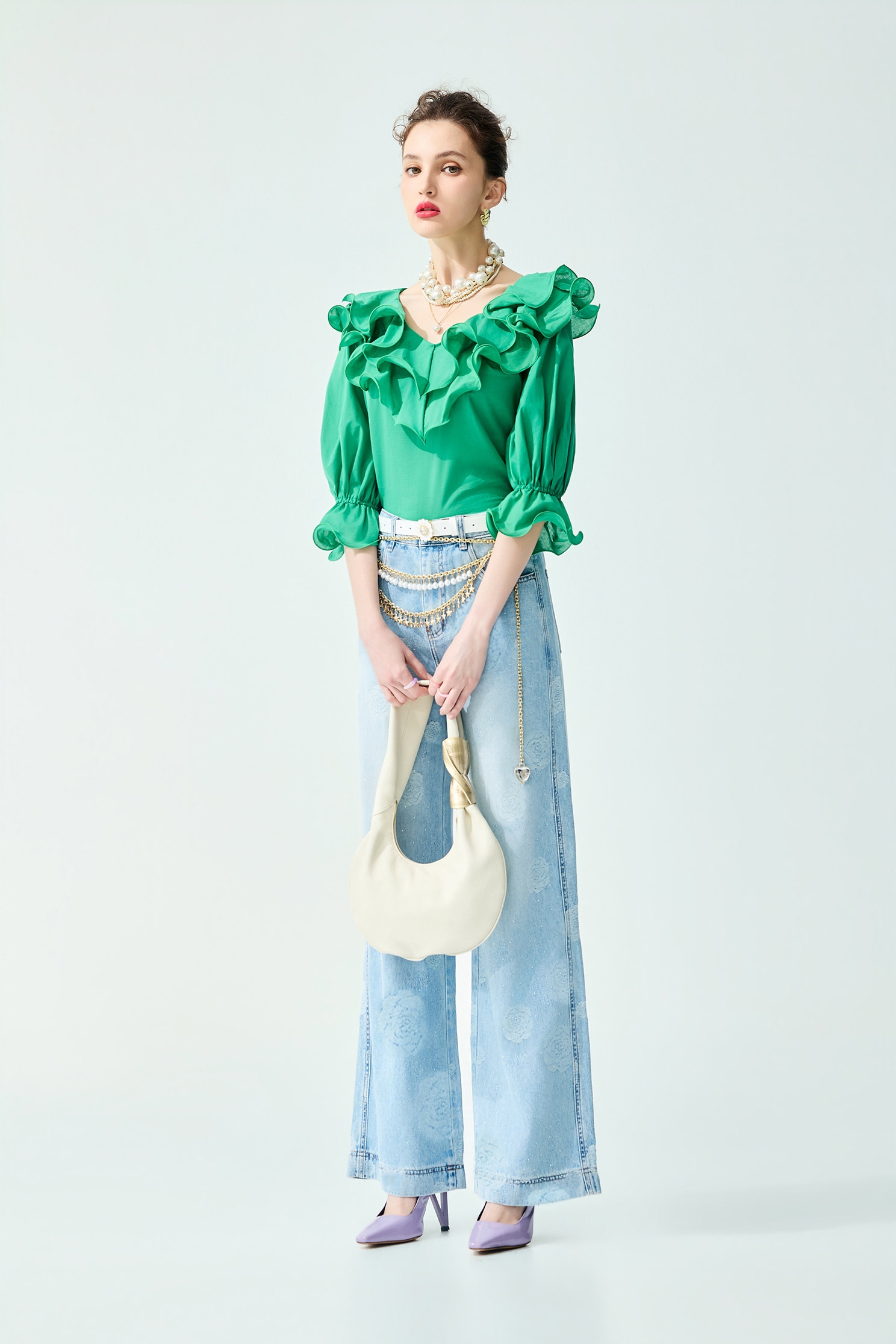 Ruffle Collar Green Top,Tops,Season (SS) Look,Cotton