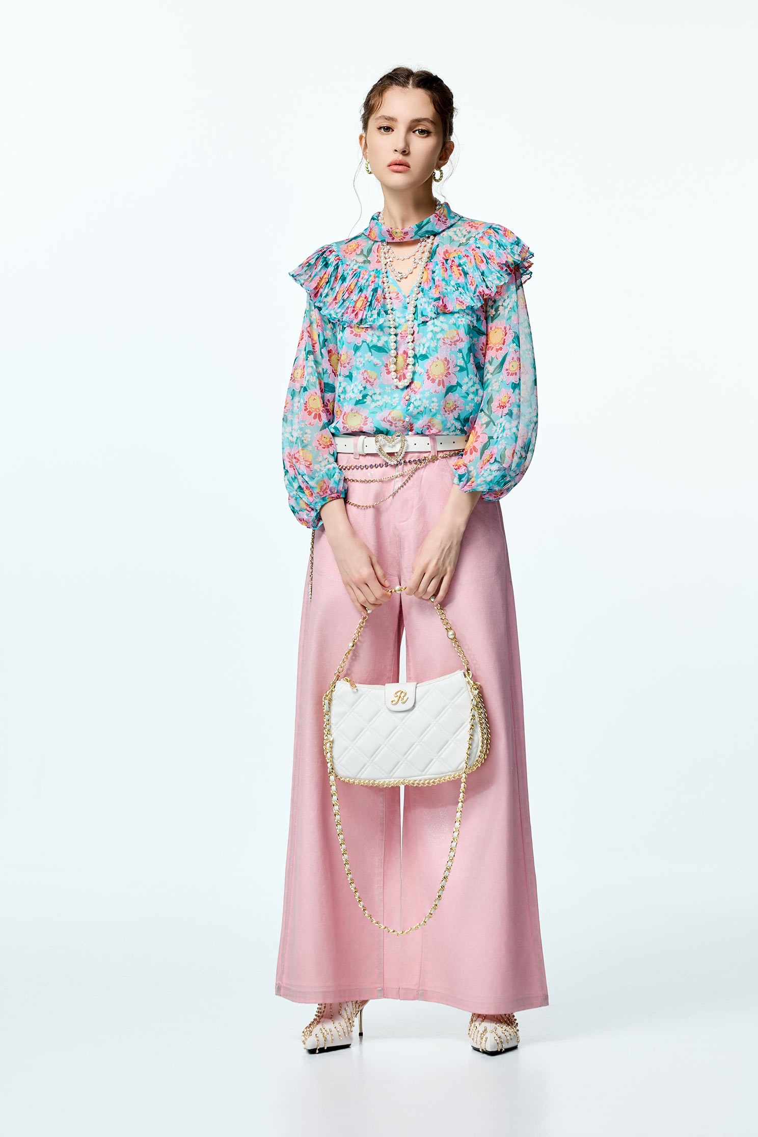 Floral Print Pleated Flounce Detail Chiffon TopFloral Print Pleated Flounce Detail Chiffon Top,Tops,pearl,Season (AW) Look,Valentine,blossoms,upperclass,Chiffon,Chiffon tops