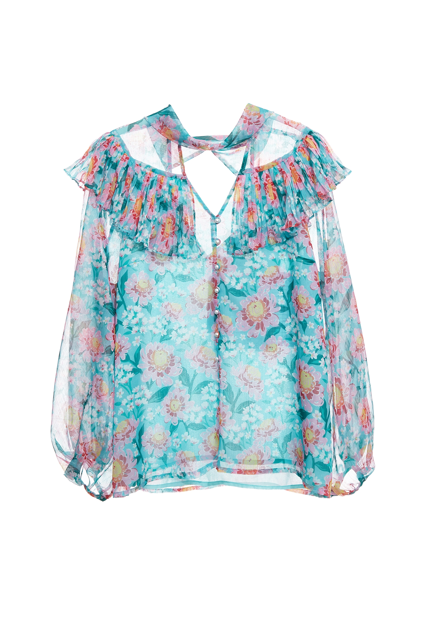 Floral Print Pleated Flounce Detail Chiffon TopFloral Print Pleated Flounce Detail Chiffon Top,Tops,pearl,Season (AW) Look,Valentine,blossoms,upperclass,Chiffon,Chiffon tops