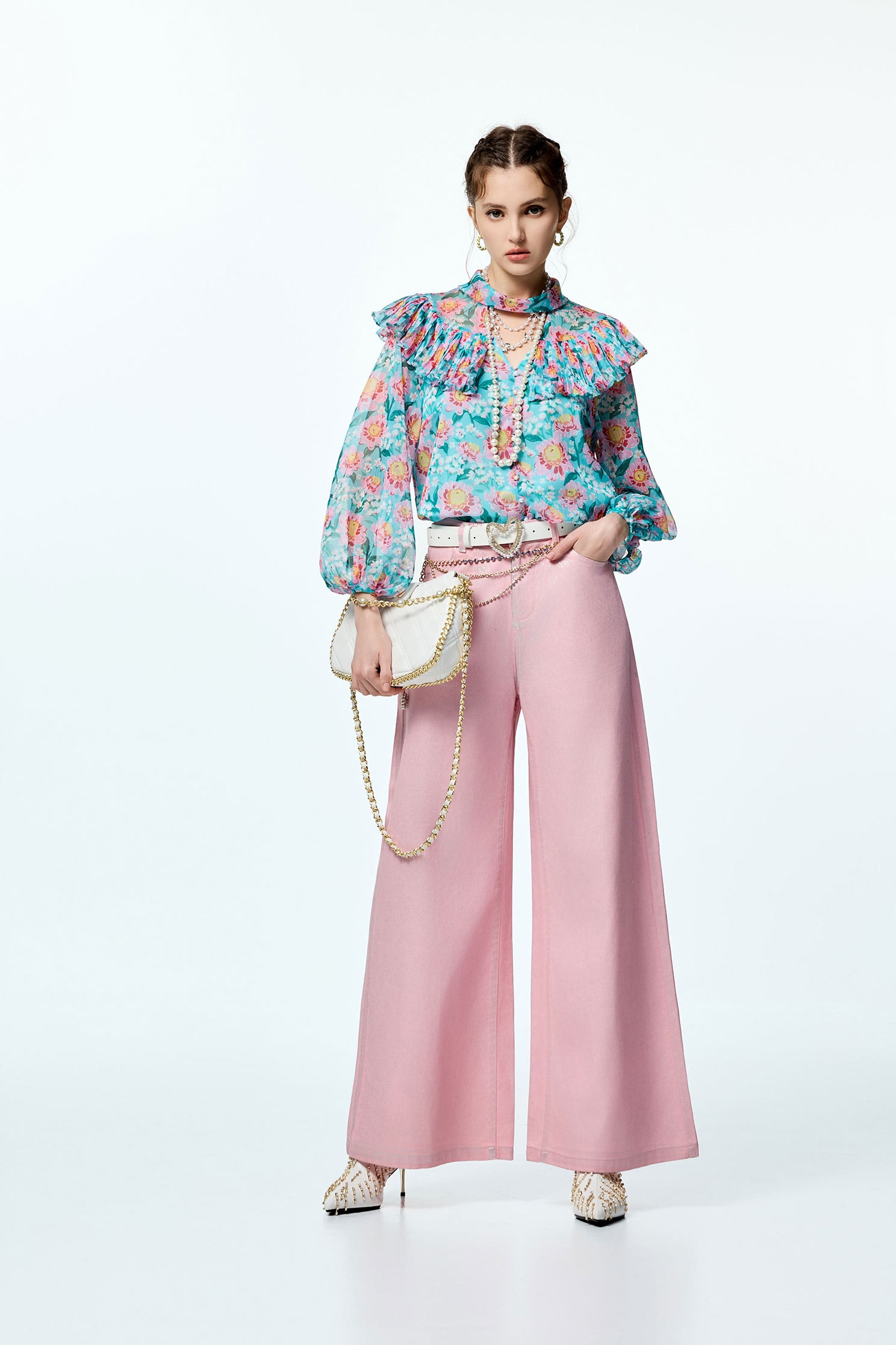 Floral Print Pleated Flounce Detail Chiffon TopFloral Print Pleated Flounce Detail Chiffon Top,Tops,pearl,Season (AW) Look,Valentine,blossoms,upperclass,Chiffon,Chiffon tops