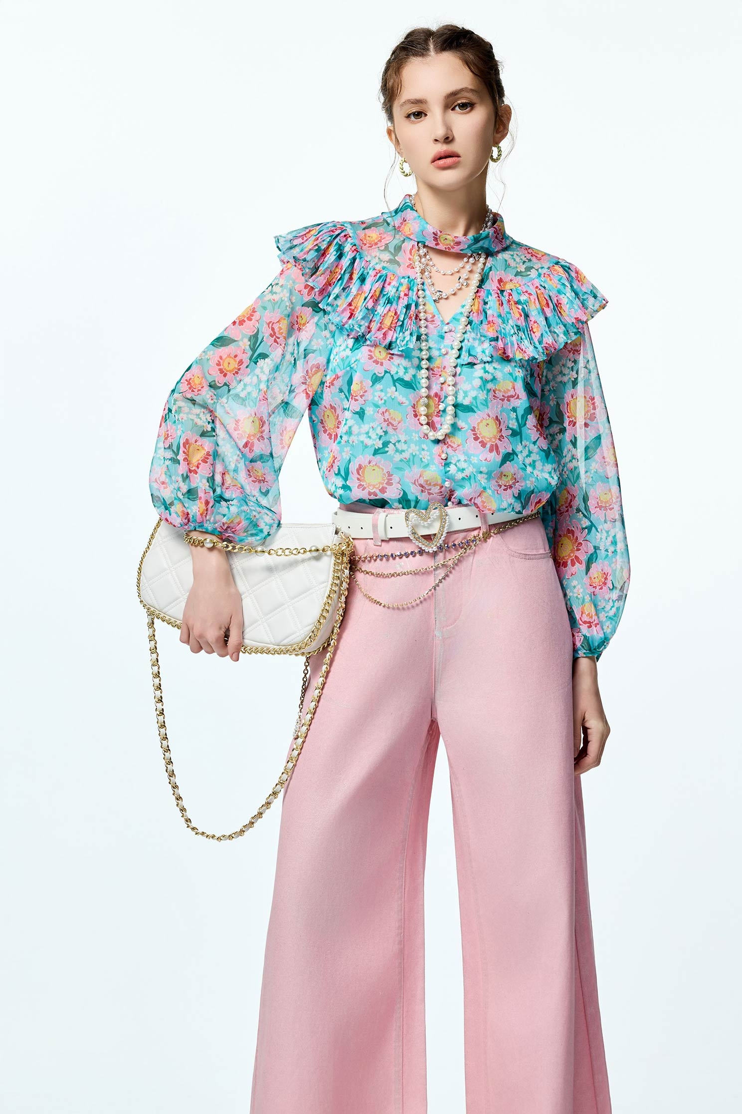 Floral Print Pleated Flounce Detail Chiffon TopFloral Print Pleated Flounce Detail Chiffon Top,Tops,pearl,Season (AW) Look,Valentine,blossoms,upperclass,Chiffon,Chiffon tops