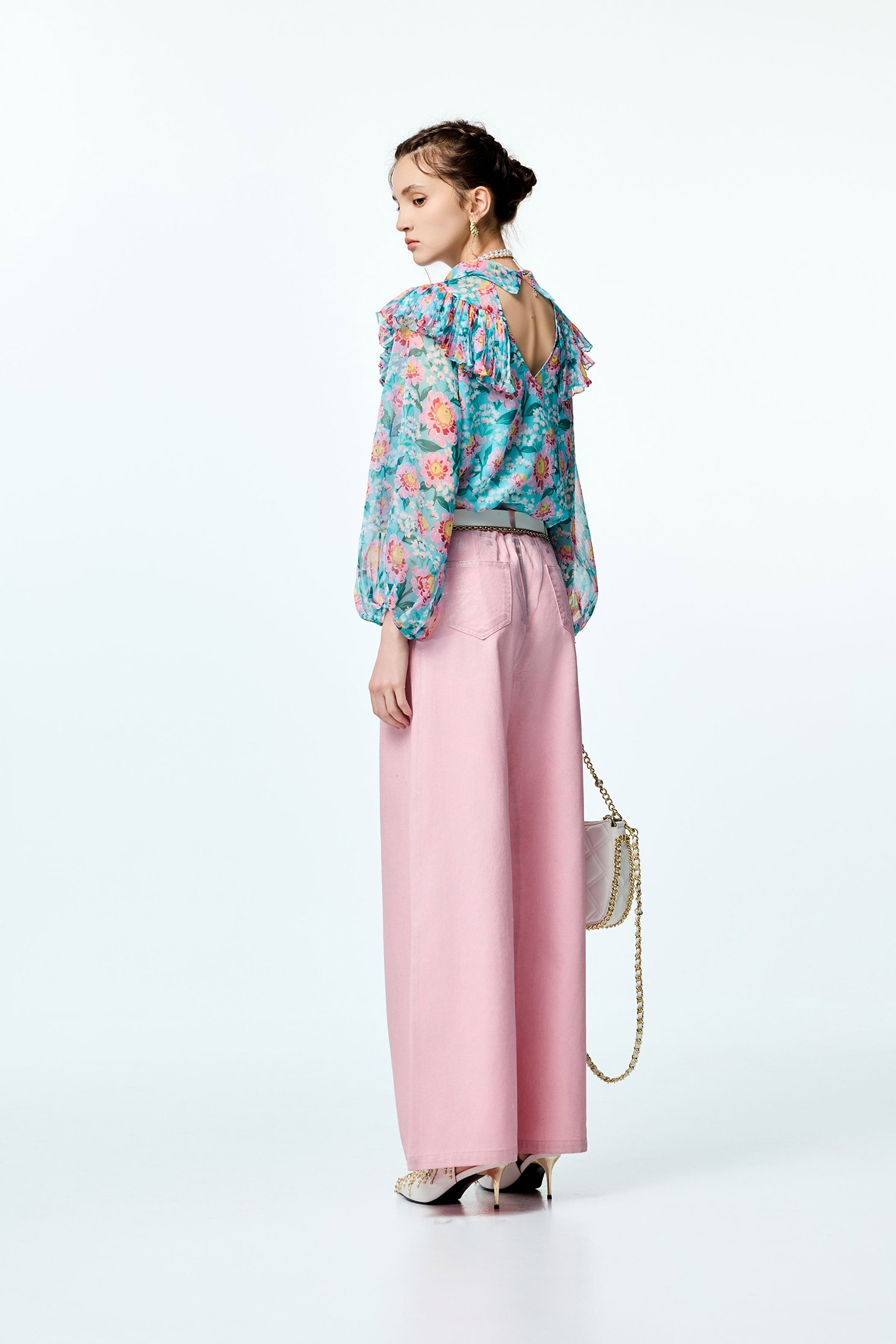 Floral Print Pleated Flounce Detail Chiffon TopFloral Print Pleated Flounce Detail Chiffon Top,Tops,pearl,Season (AW) Look,Valentine,blossoms,upperclass,Chiffon,Chiffon tops