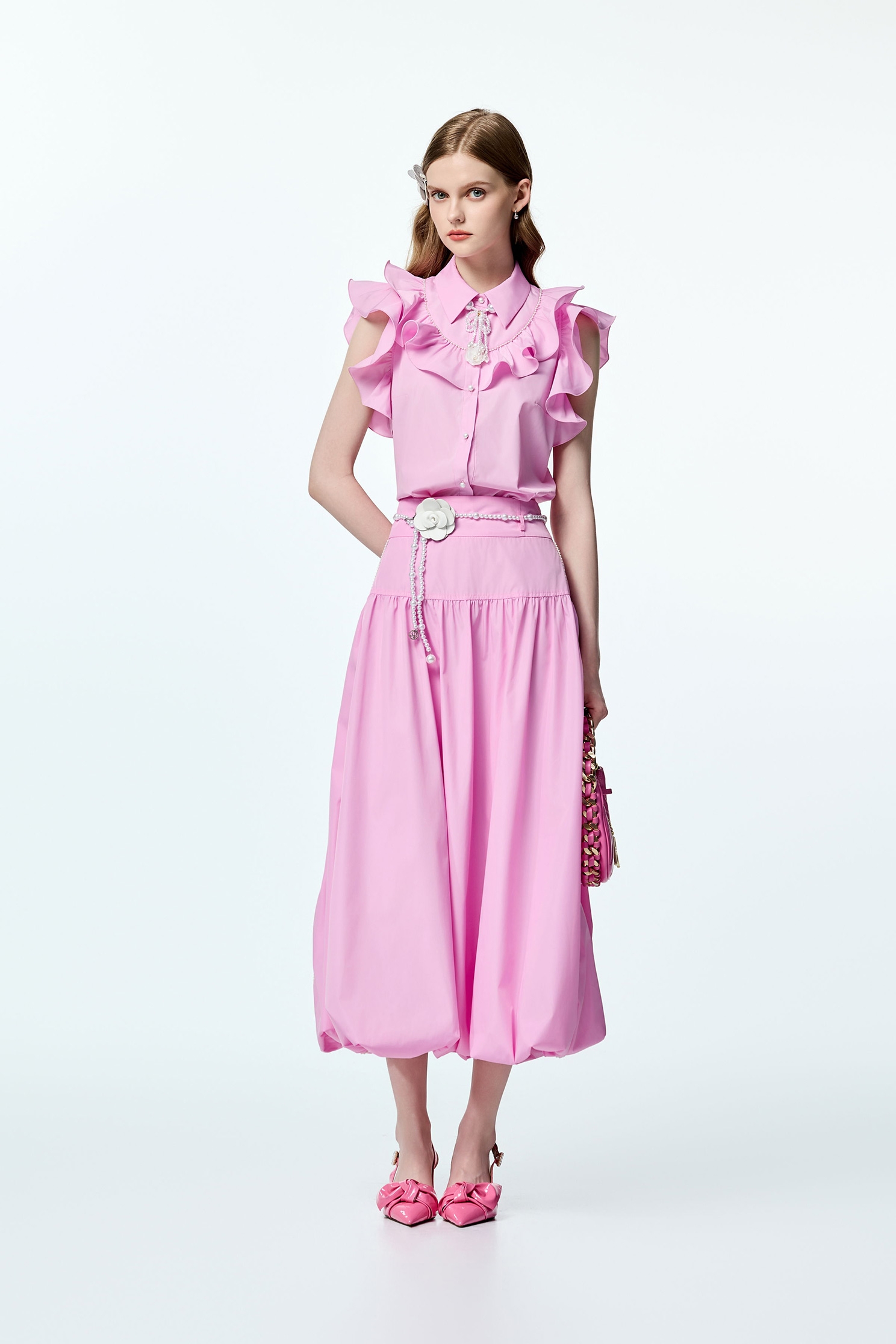 Pink Ruffle Detail BlousePink Ruffle Detail Blouse,Tops,co-ord sets,pearl,Season (AW) Look,sleeveless tops,upperclass,Necklaces