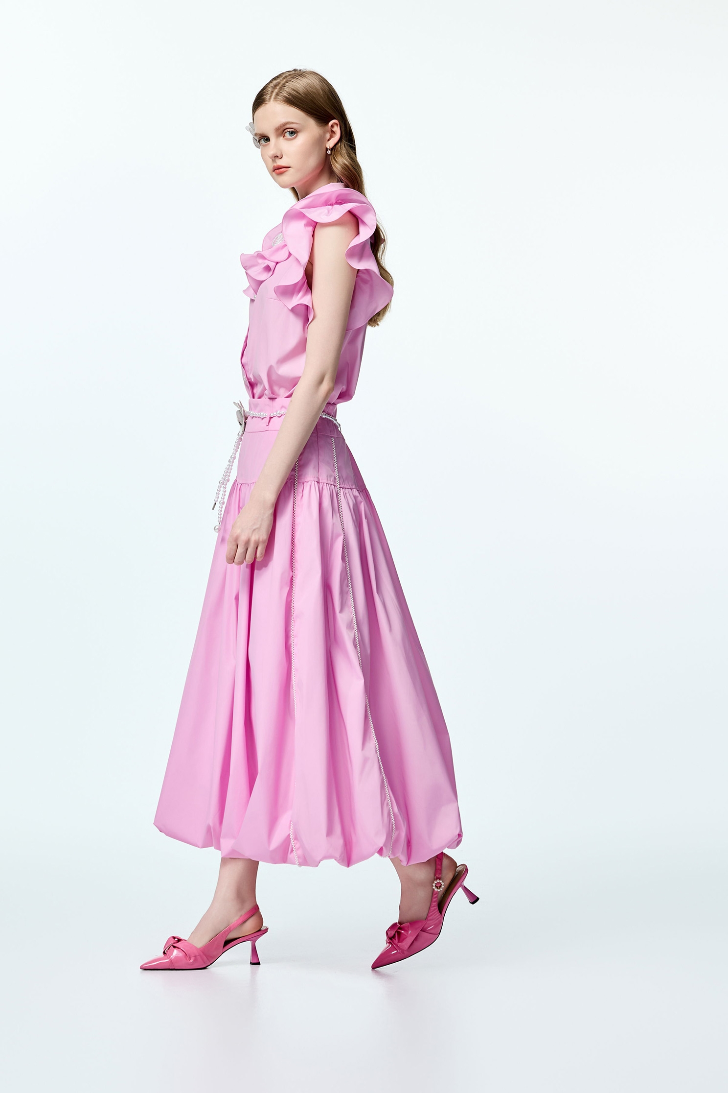 Pink Ruffle Detail BlousePink Ruffle Detail Blouse,Tops,co-ord sets,pearl,Season (AW) Look,sleeveless tops,upperclass,Necklaces