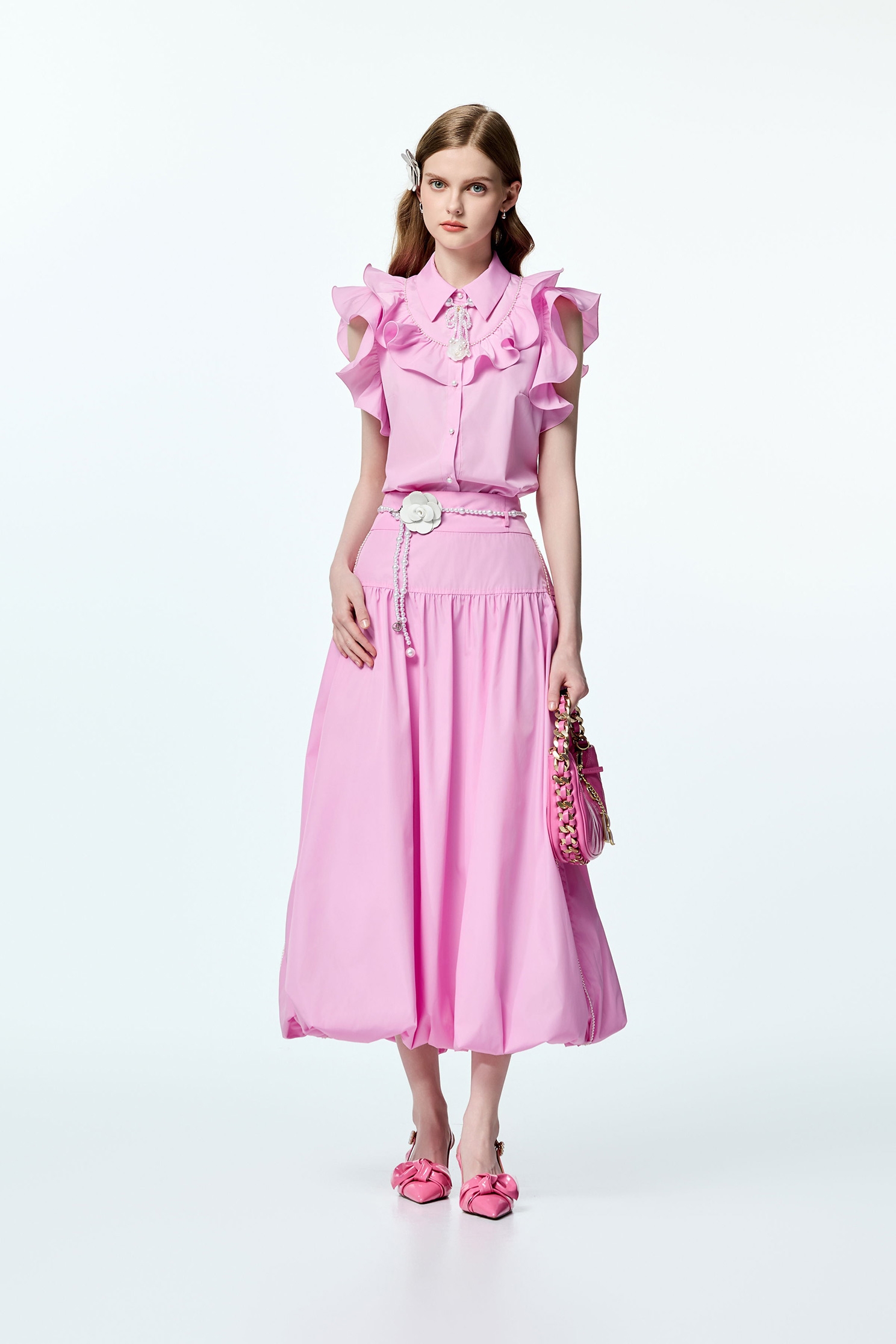 Pink Ruffle Detail BlousePink Ruffle Detail Blouse,Tops,co-ord sets,pearl,Season (AW) Look,sleeveless tops,upperclass,Necklaces