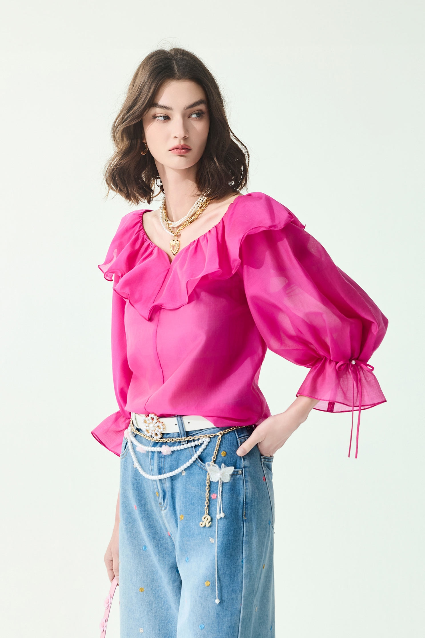 Flounce Neckline Long Sleeve TopFlounce Neckline Long Sleeve Top,Tops,Season (SS) Look,bows