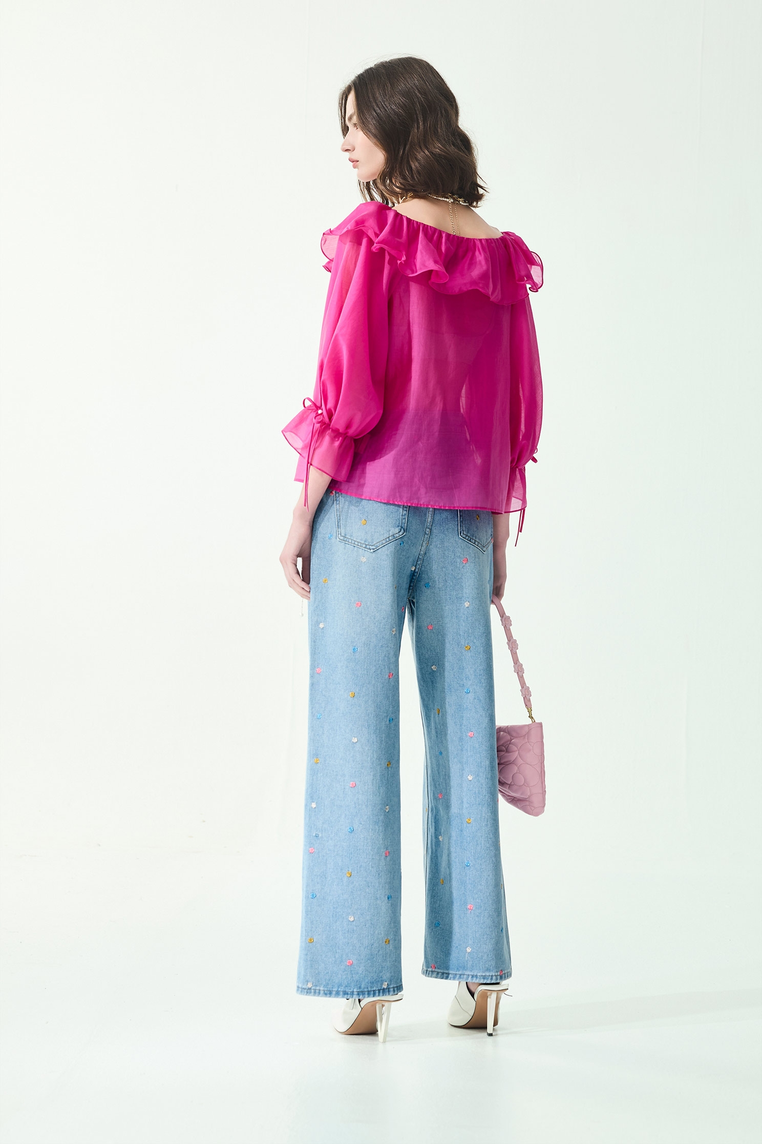 Flounce Neckline Long Sleeve TopFlounce Neckline Long Sleeve Top,Tops,Season (SS) Look,bows