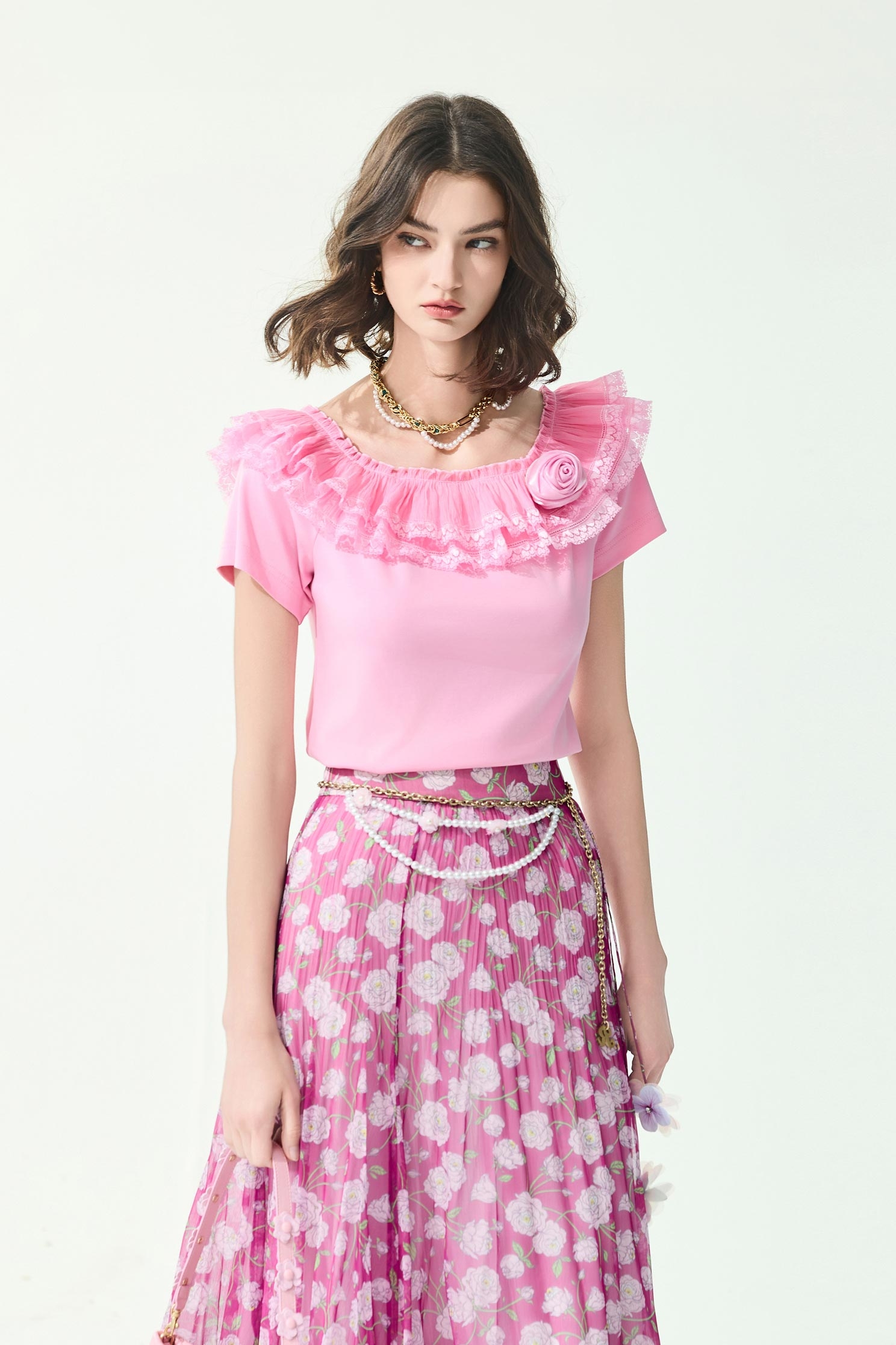 Pleated Ruffle Detail Short Sleeve TeePleated Ruffle Detail Short Sleeve Tee,Tops,Season (SS) Look,Lace