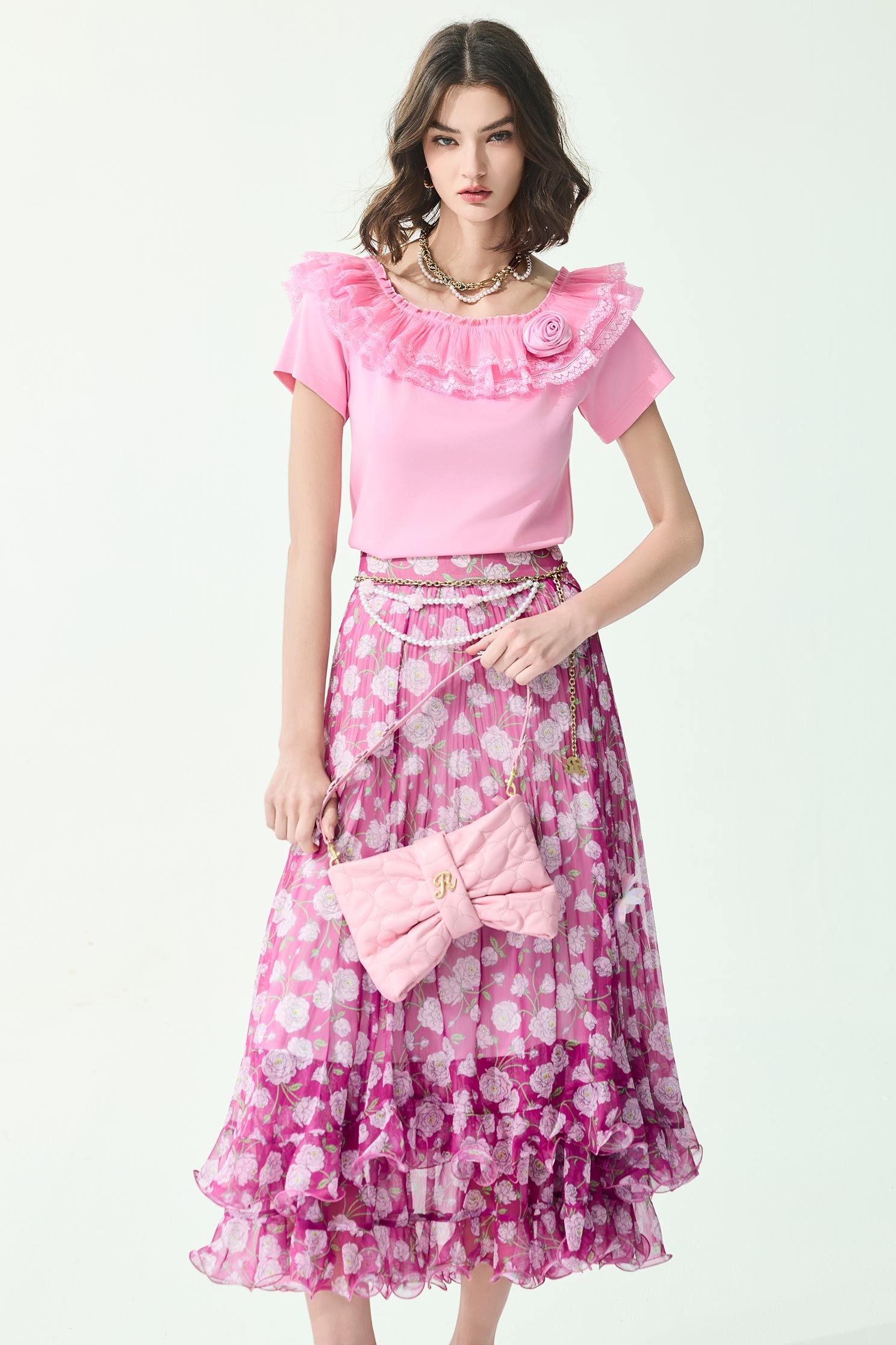 Pleated Ruffle Detail Short Sleeve TeePleated Ruffle Detail Short Sleeve Tee,Tops,Season (SS) Look,Lace