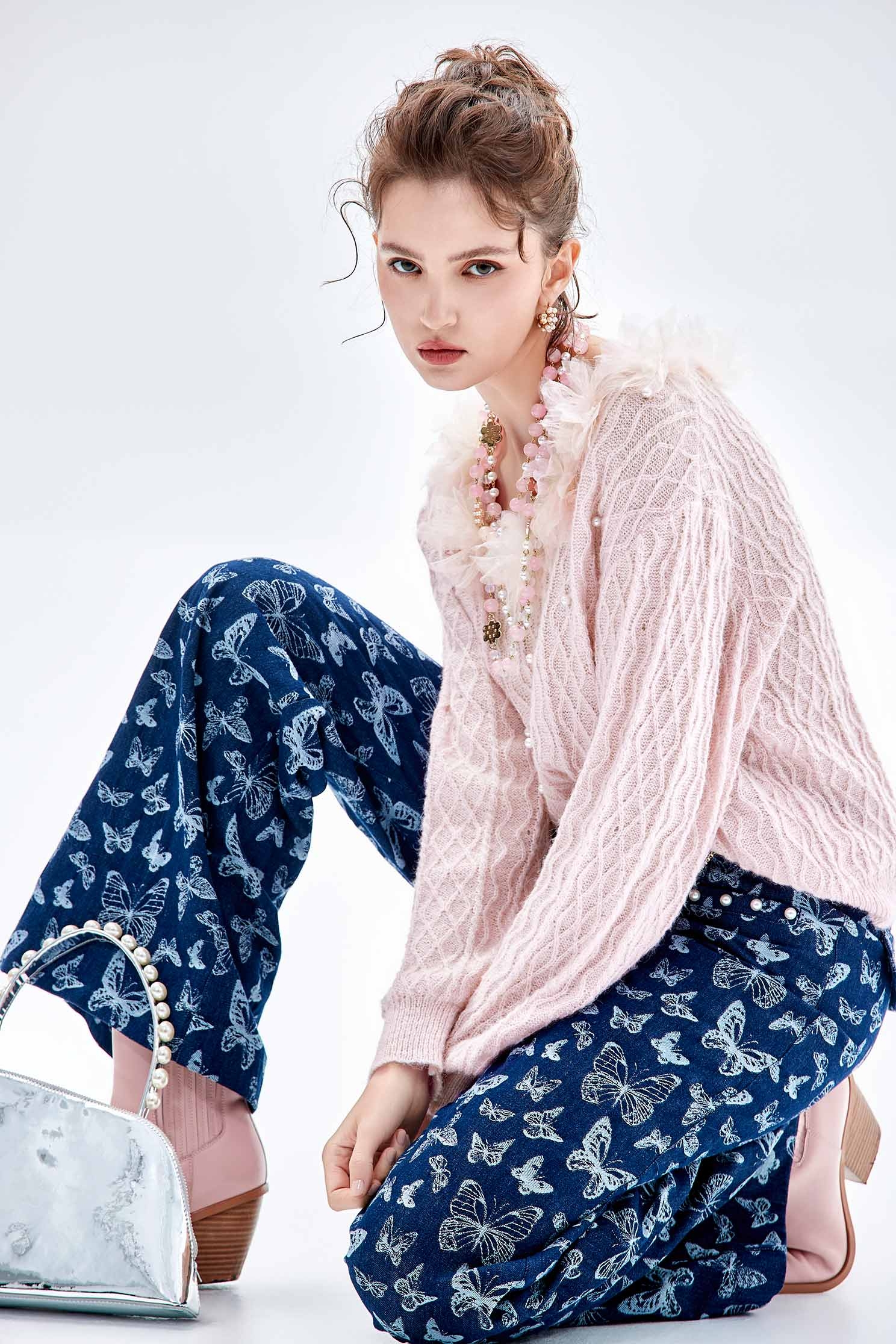 Mesh Floral Neckline Detail Knit TopMesh Floral Neckline Detail Knit Top,Tops,Season (AW) Look,Knitted,Knitted tops