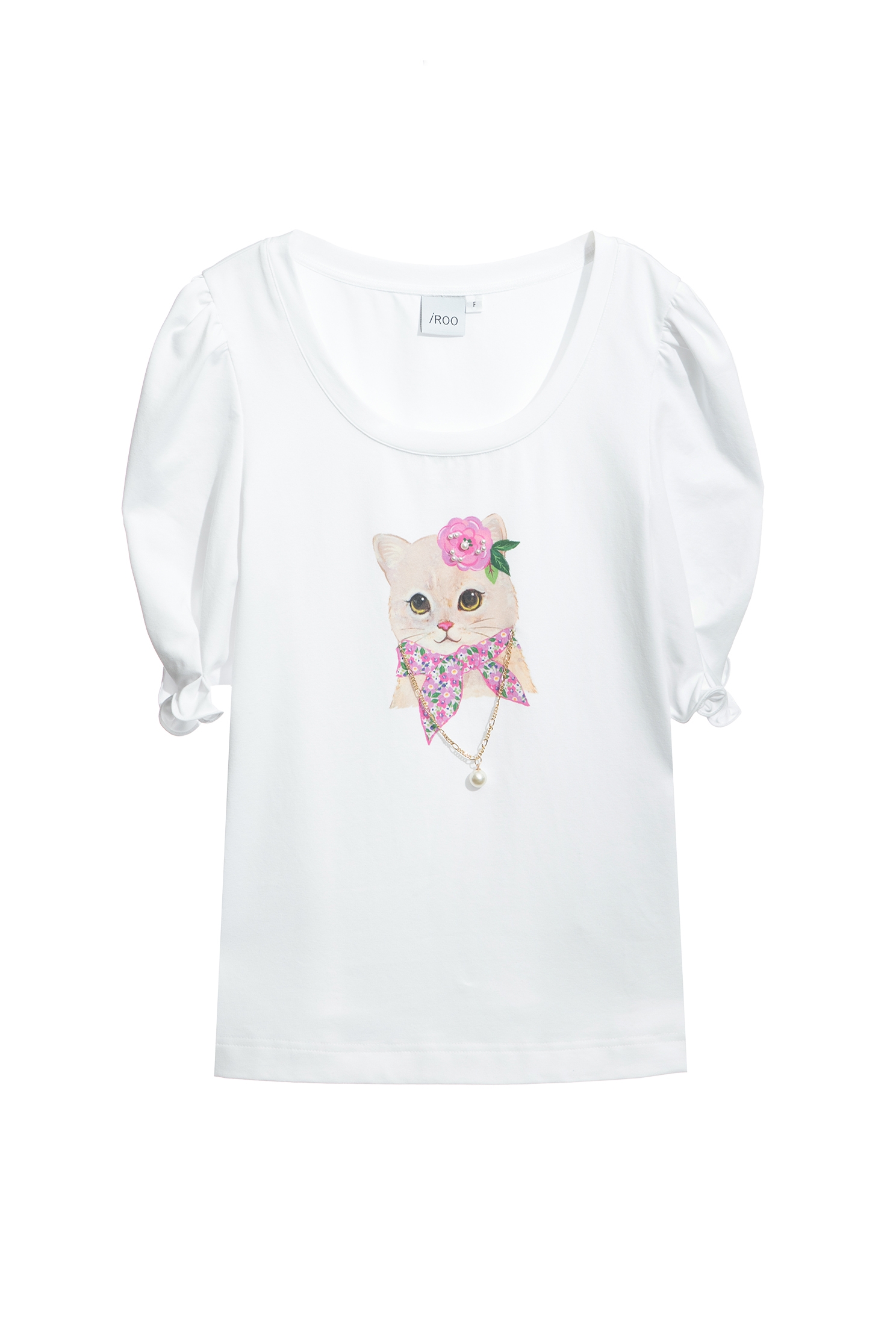 Cat Graphic Puff Sleeve TeeCat Graphic Puff Sleeve Tee,T-shirts,Tops,Season (AW) Look,Cotton,Necklaces