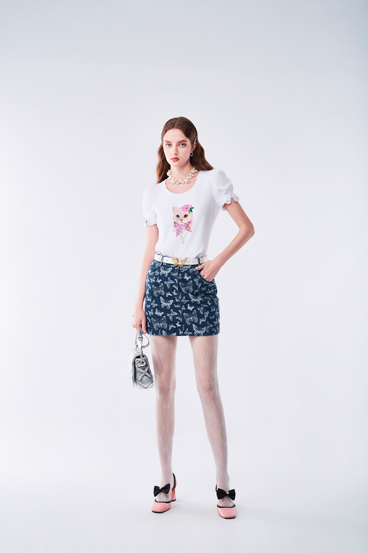 Cat Graphic Puff Sleeve TeeCat Graphic Puff Sleeve Tee,T-shirts,Tops,Season (AW) Look,Cotton,Necklaces