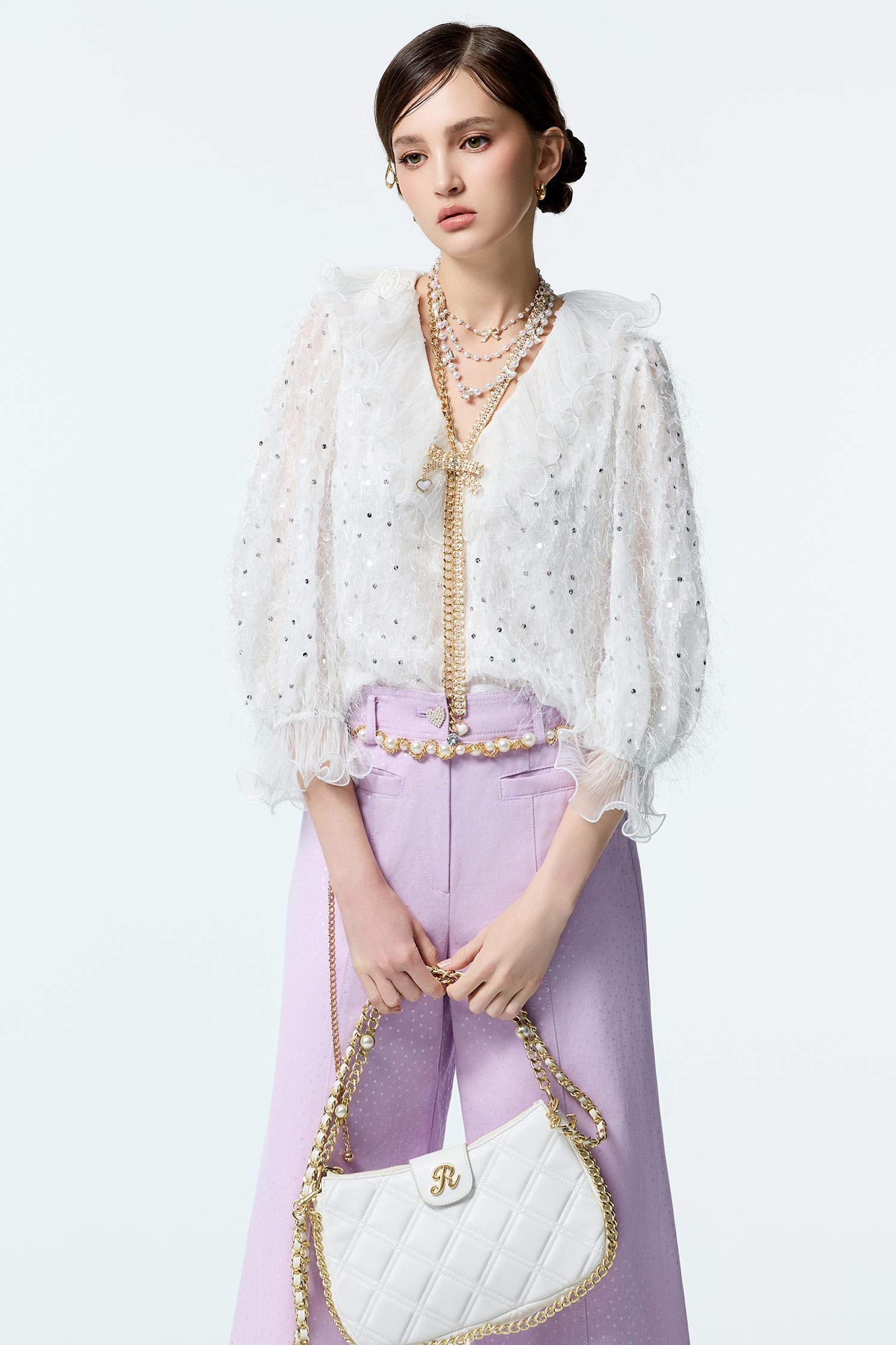 Sequin Fringe Top With Ruffle DetailSequin Fringe Top With Ruffle Detail,V-Neck T shirts,Office Looks,Tops,Season (AW) Look,Valentine,Lace