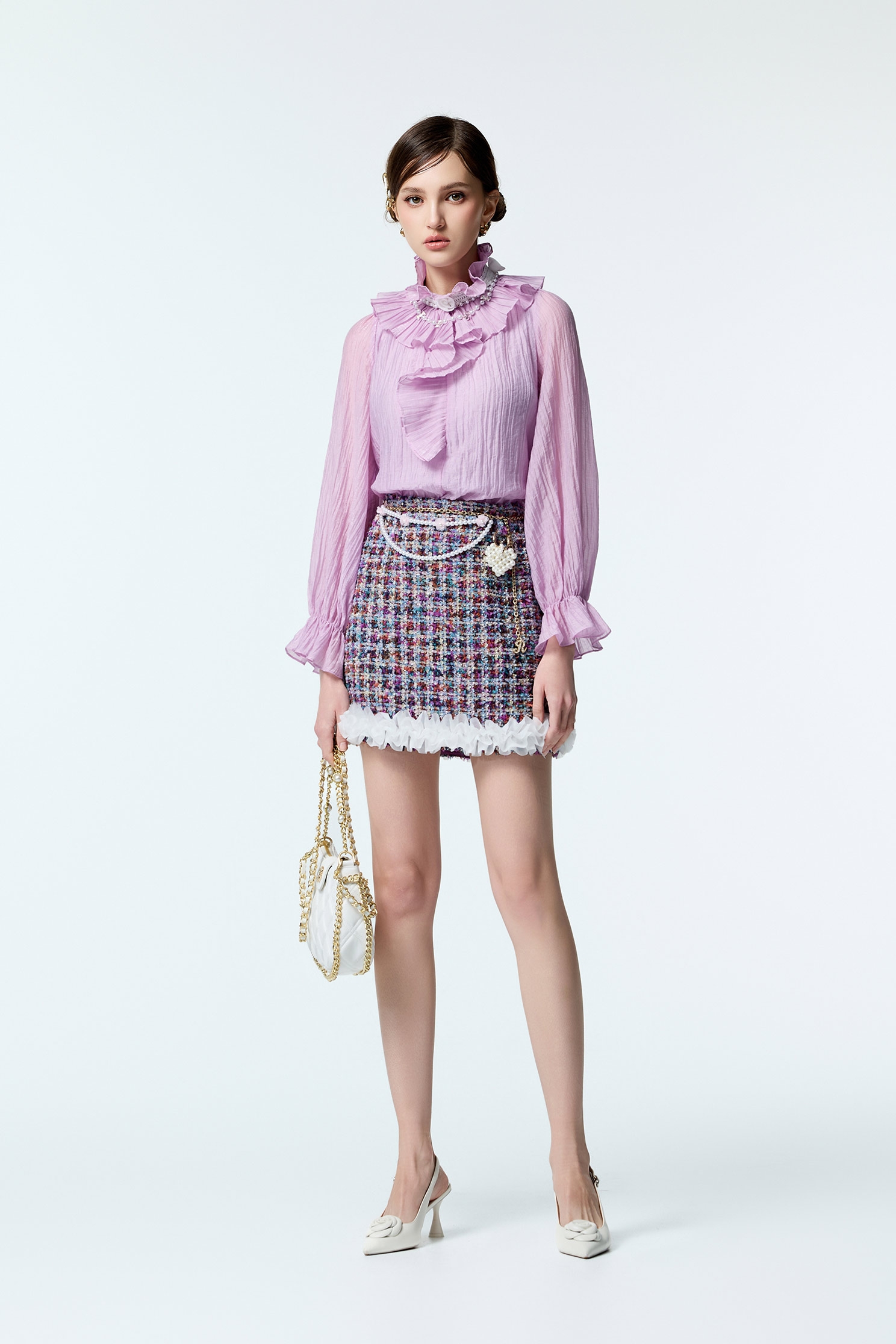 Pleated Ruffle Collar Purple TopPleated Ruffle Collar Purple Top,Office Looks,Tops,pearl,Season (AW) Look,Valentine,Lace