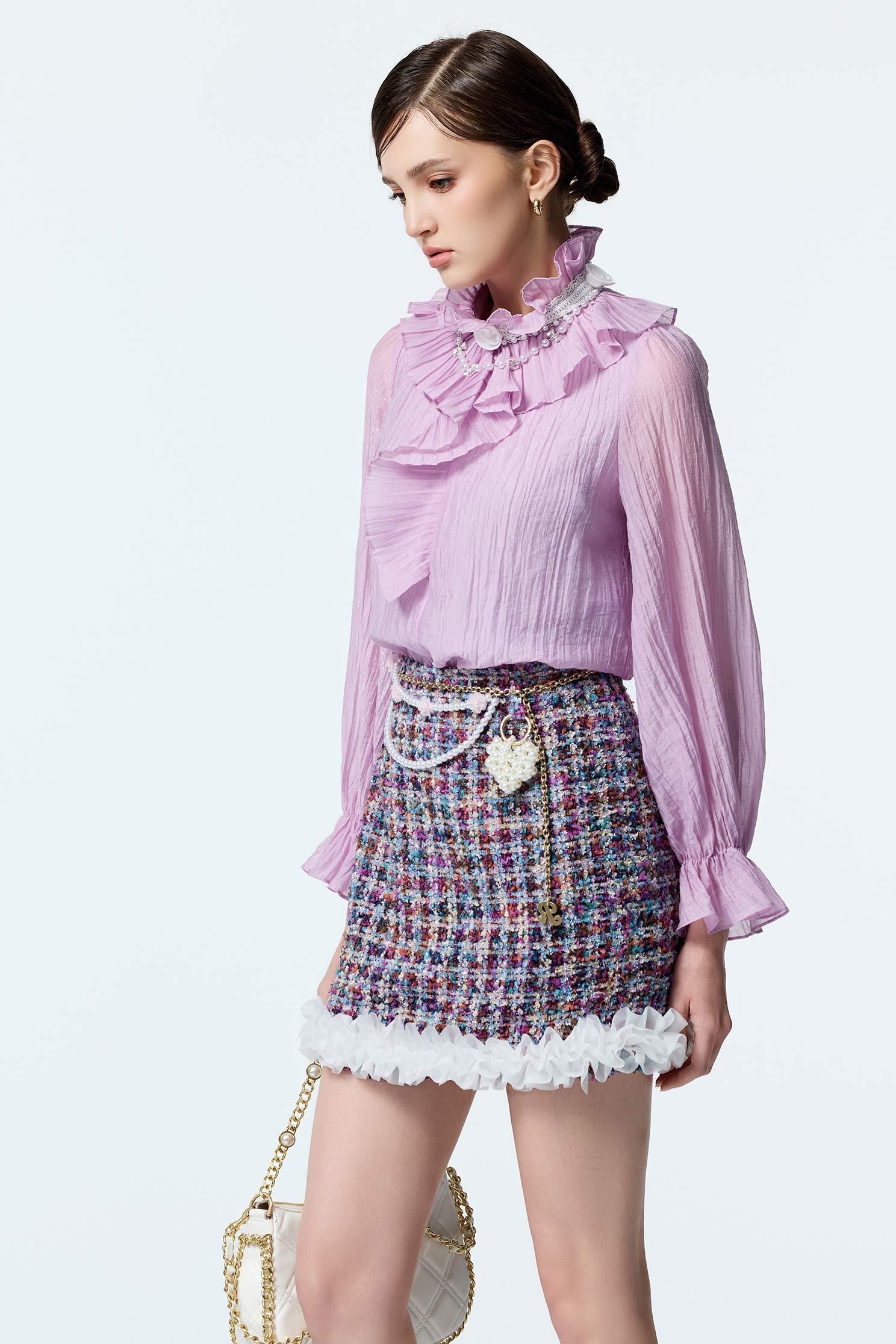 Pleated Ruffle Collar Purple TopPleated Ruffle Collar Purple Top,Office Looks,Tops,pearl,Season (AW) Look,Valentine,Lace