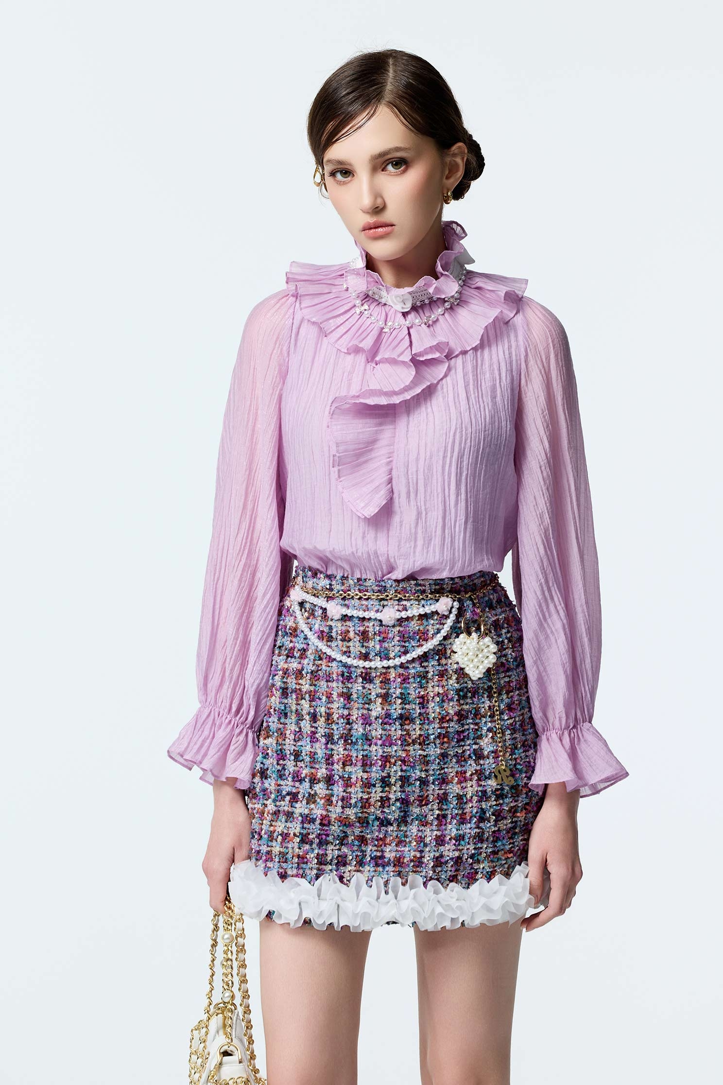Pleated Ruffle Collar Purple TopPleated Ruffle Collar Purple Top,Office Looks,Tops,pearl,Season (AW) Look,Valentine,Lace