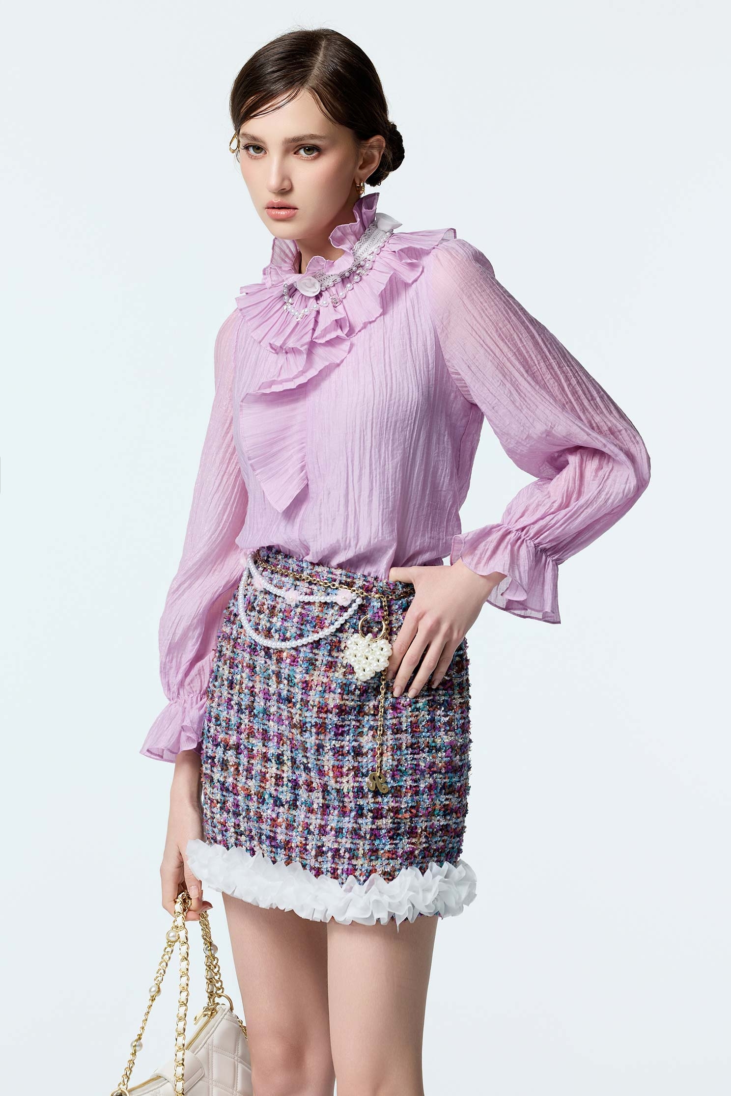 Pleated Ruffle Collar Purple TopPleated Ruffle Collar Purple Top,Office Looks,Tops,pearl,Season (AW) Look,Valentine,Lace