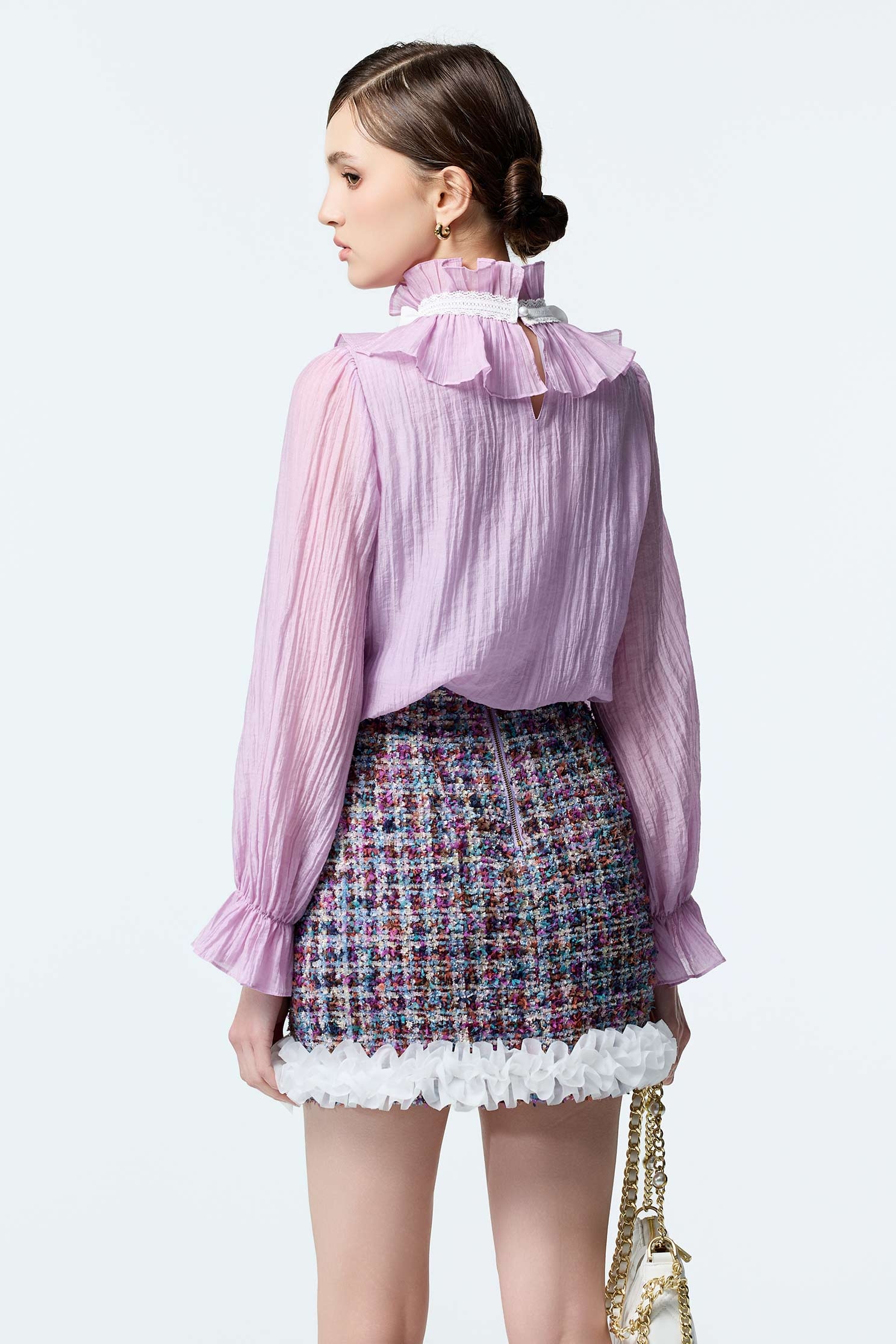 Pleated Ruffle Collar Purple TopPleated Ruffle Collar Purple Top,Office Looks,Tops,pearl,Season (AW) Look,Valentine,Lace