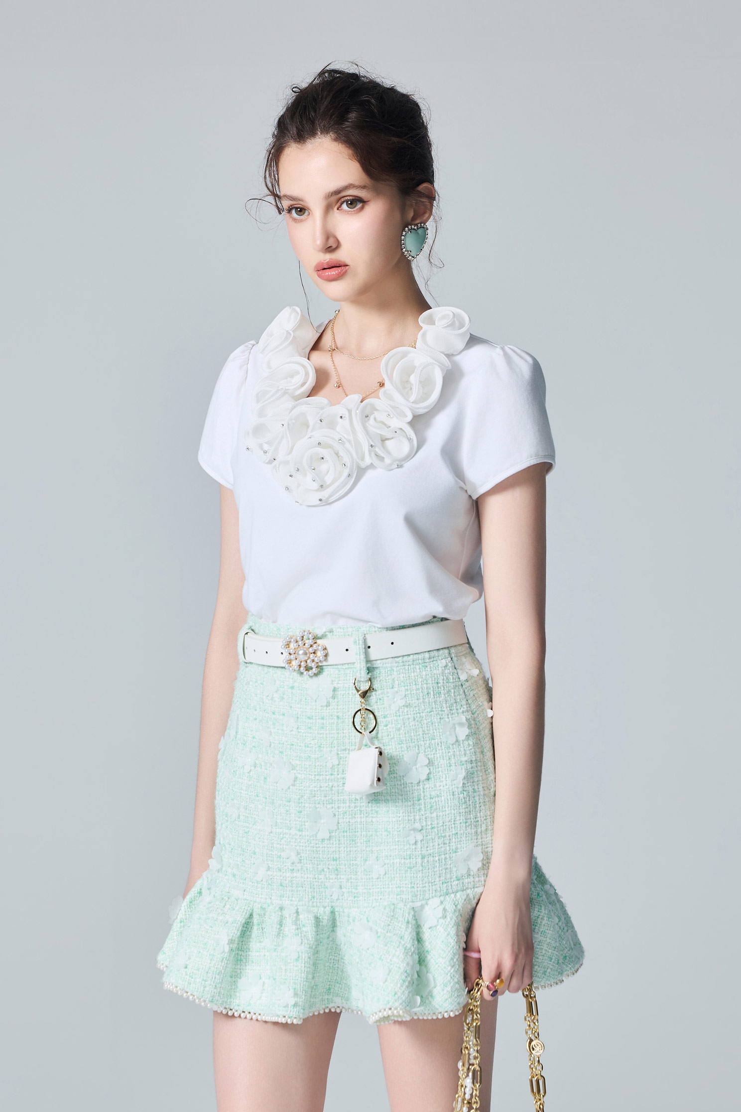 Ruffle Neckline Short Sleeve TeeRuffle Neckline Short Sleeve Tee,Tops,White tops,Season (AW) Look,Cotton,Chiffon