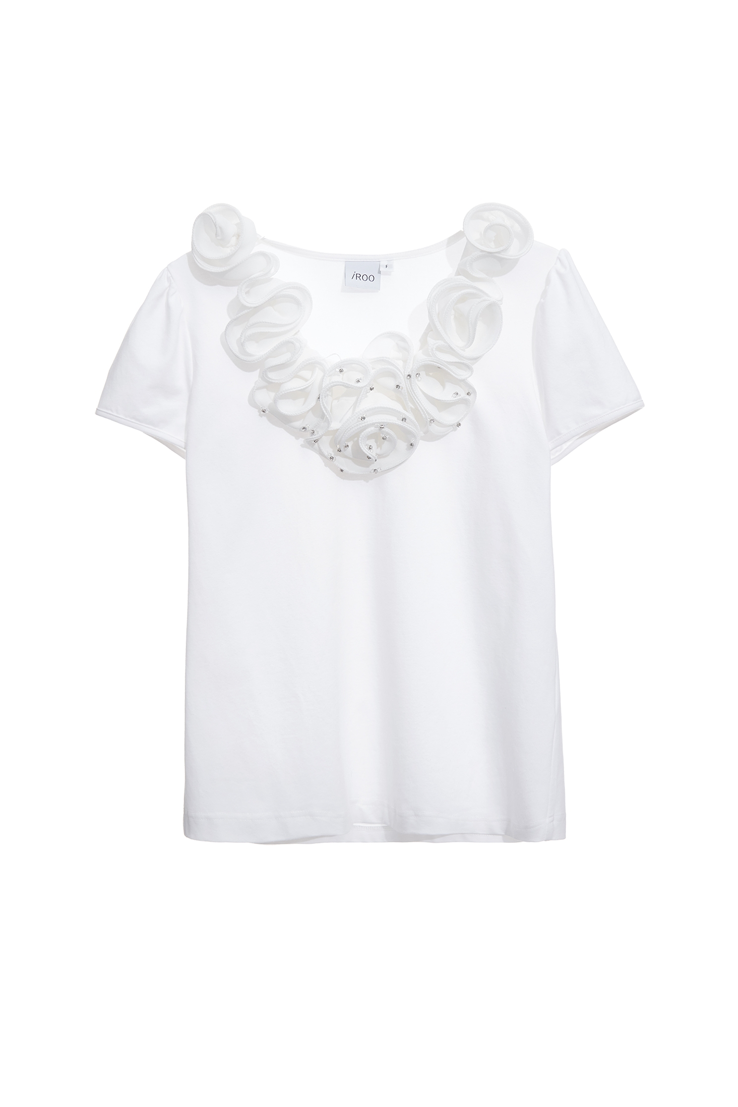 Ruffle Neckline Short Sleeve TeeRuffle Neckline Short Sleeve Tee,Tops,White tops,Season (AW) Look,Cotton,Chiffon