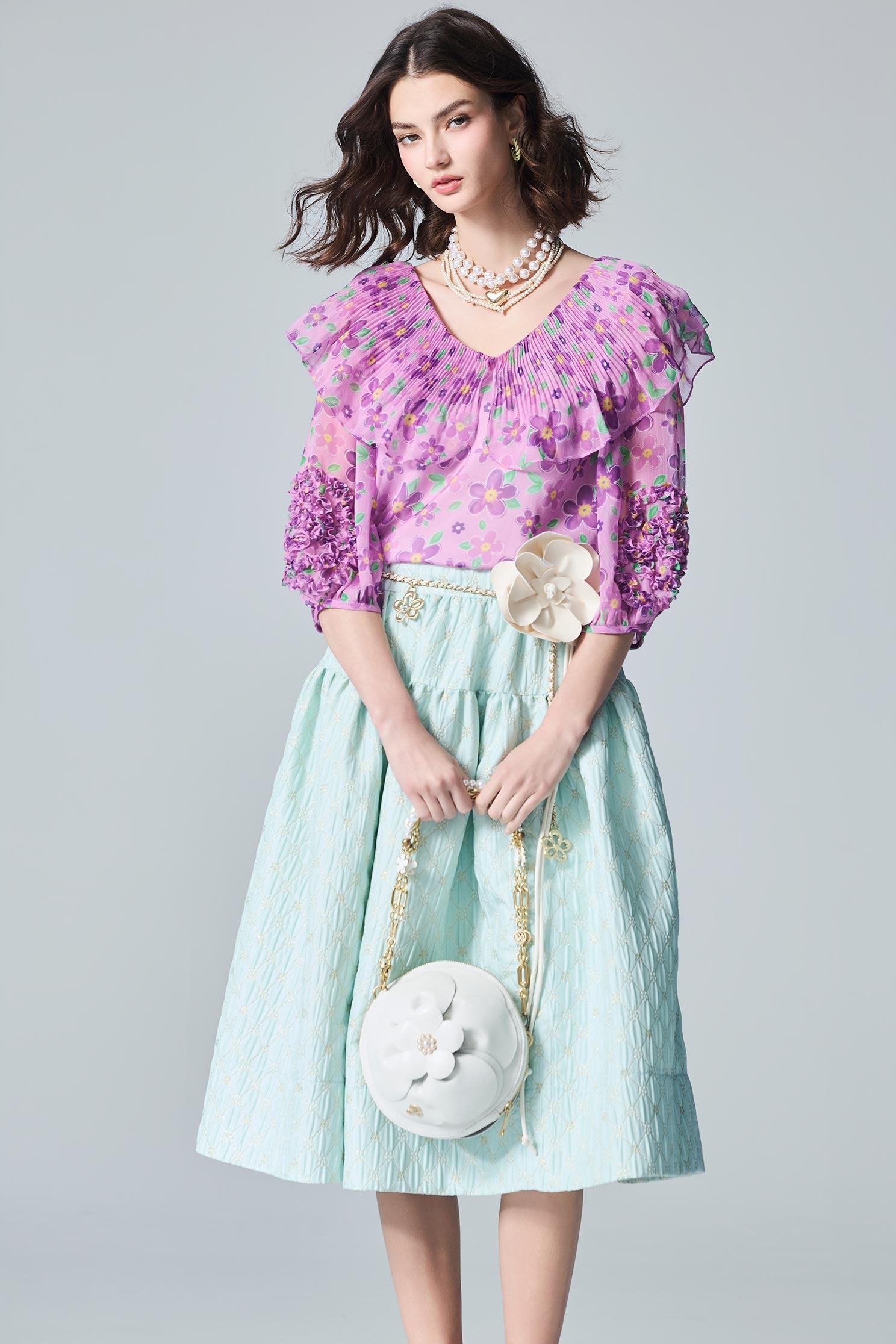 Pleated Bertha Collar Floral Print TopPleated Bertha Collar Floral Print Top,Tops,Season (AW) Look,Chiffon