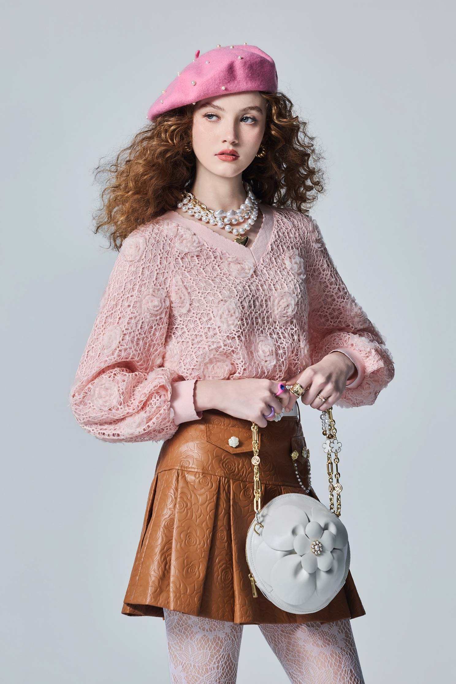 V-neck Embroidery Lace Pink TopV-neck Embroidery Lace Pink Top,Tops,Embroidered,Season (AW) Look,Lace