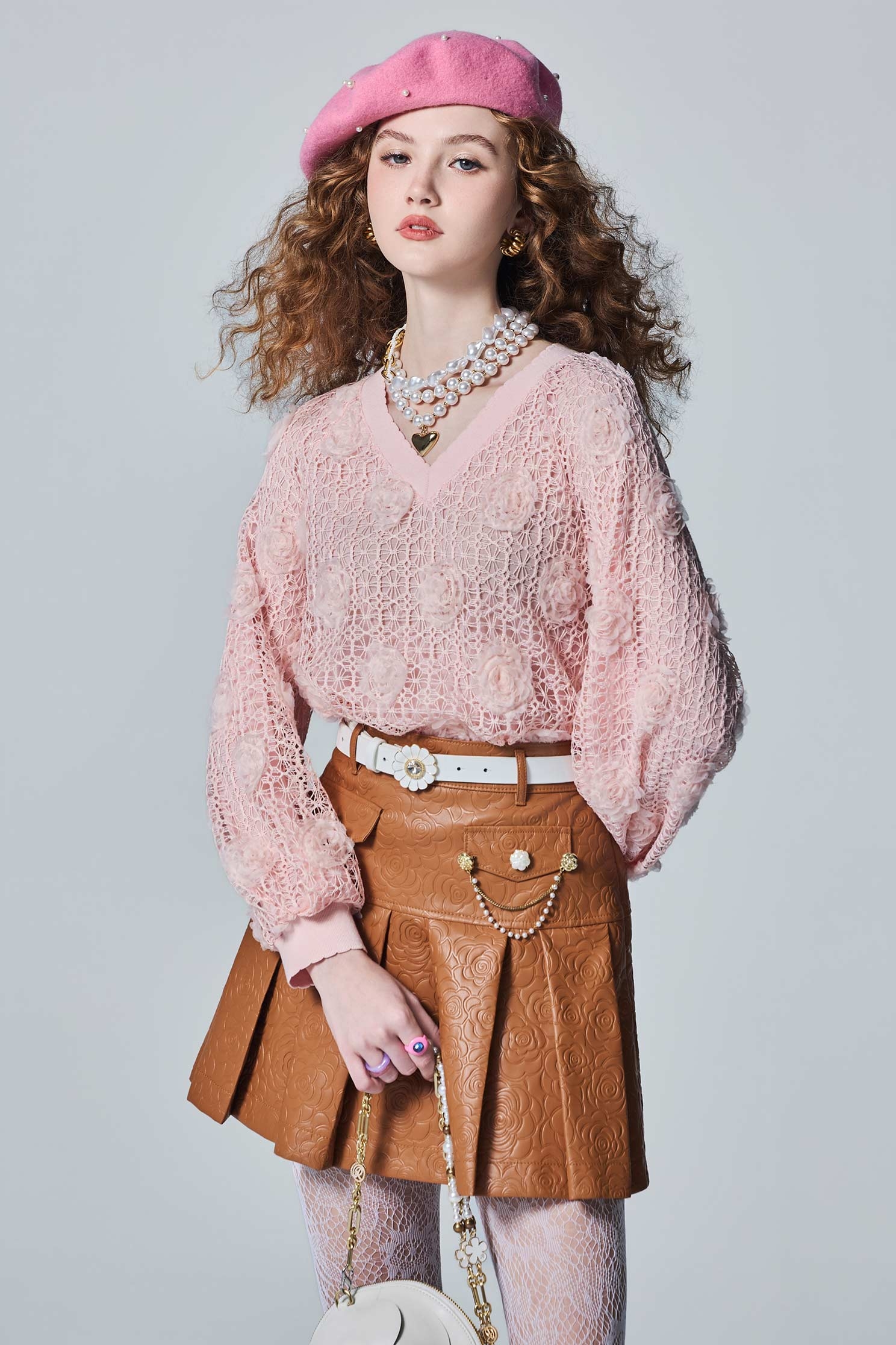 V-neck Embroidery Lace Pink TopV-neck Embroidery Lace Pink Top,Tops,Embroidered,Season (AW) Look,Lace