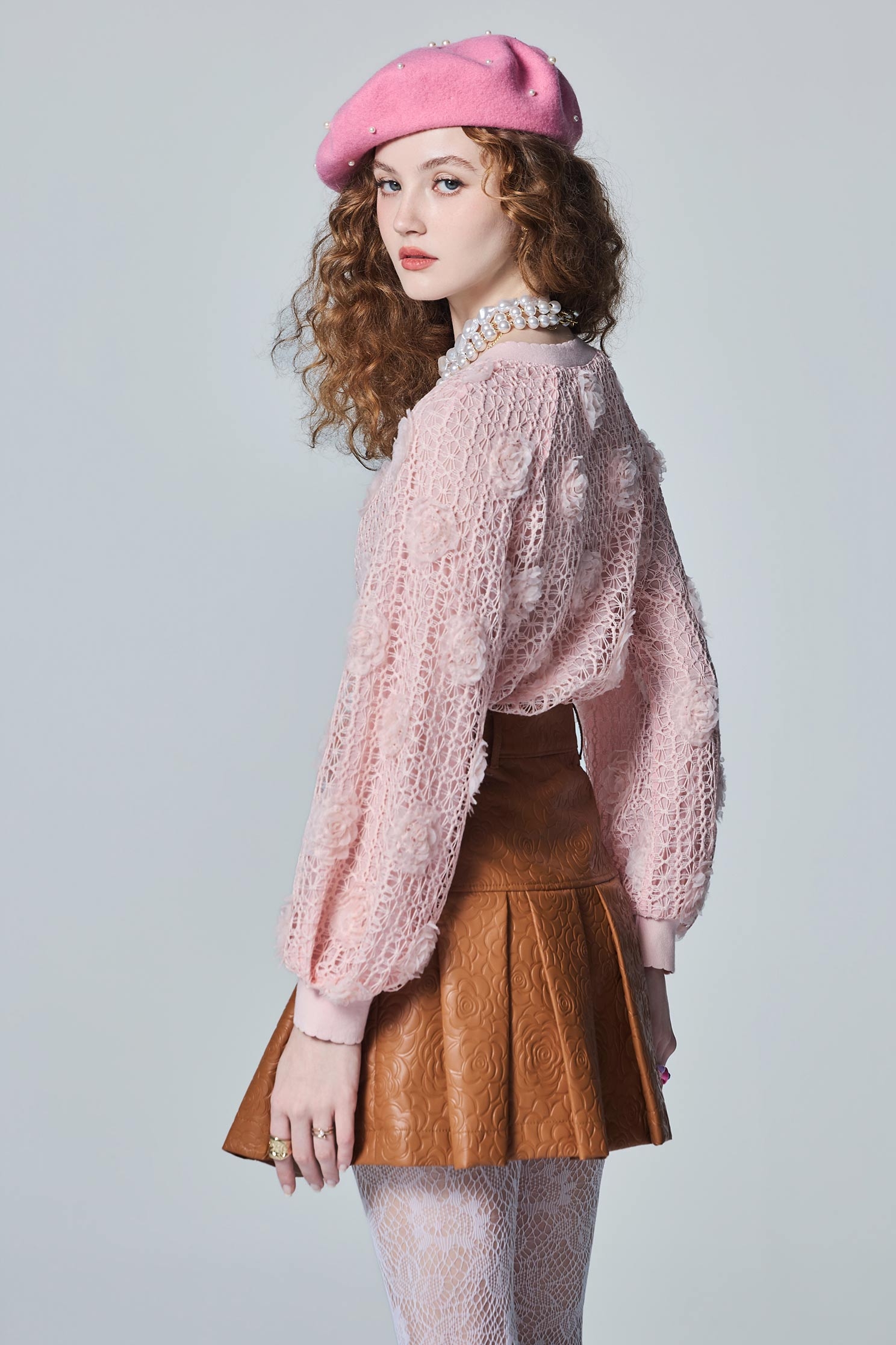 V-neck Embroidery Lace Pink TopV-neck Embroidery Lace Pink Top,Tops,Embroidered,Season (AW) Look,Lace