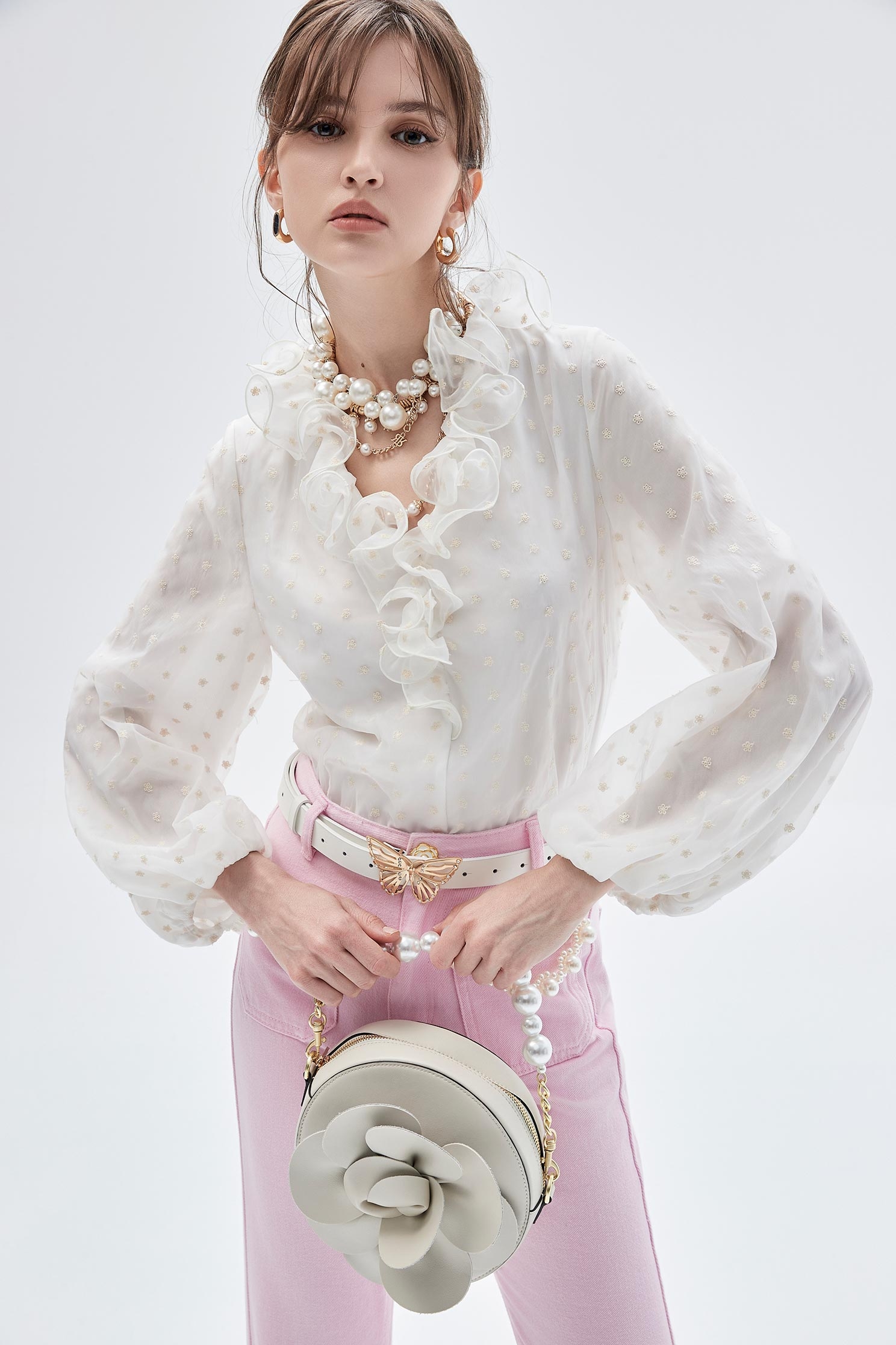 Dotted Embroidery Top With Ruffle DetailDotted Embroidery Top With Ruffle Detail,V-Neck T shirts,Tops,Embroidered,Season (SS) Look,Chiffon