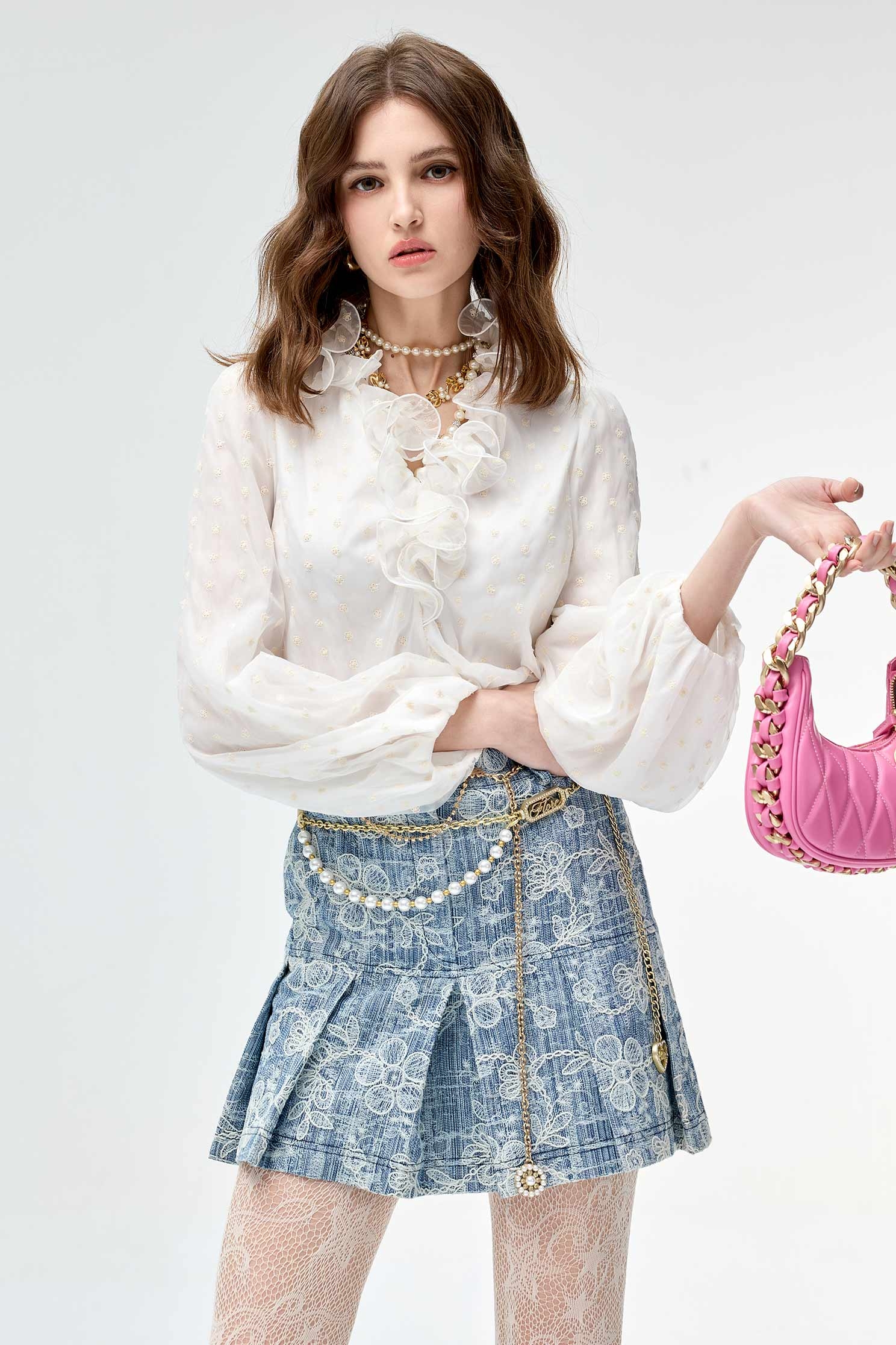 Dotted Embroidery Top With Ruffle DetailDotted Embroidery Top With Ruffle Detail,V-Neck T shirts,Tops,Embroidered,Season (SS) Look,Chiffon