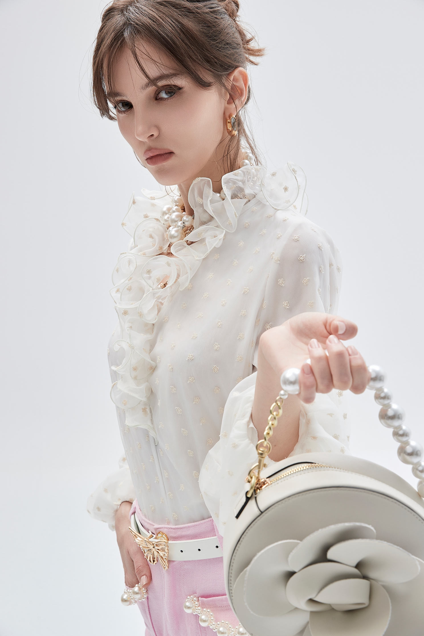 Dotted Embroidery Top With Ruffle DetailDotted Embroidery Top With Ruffle Detail,V-Neck T shirts,Tops,Embroidered,Season (SS) Look,Chiffon